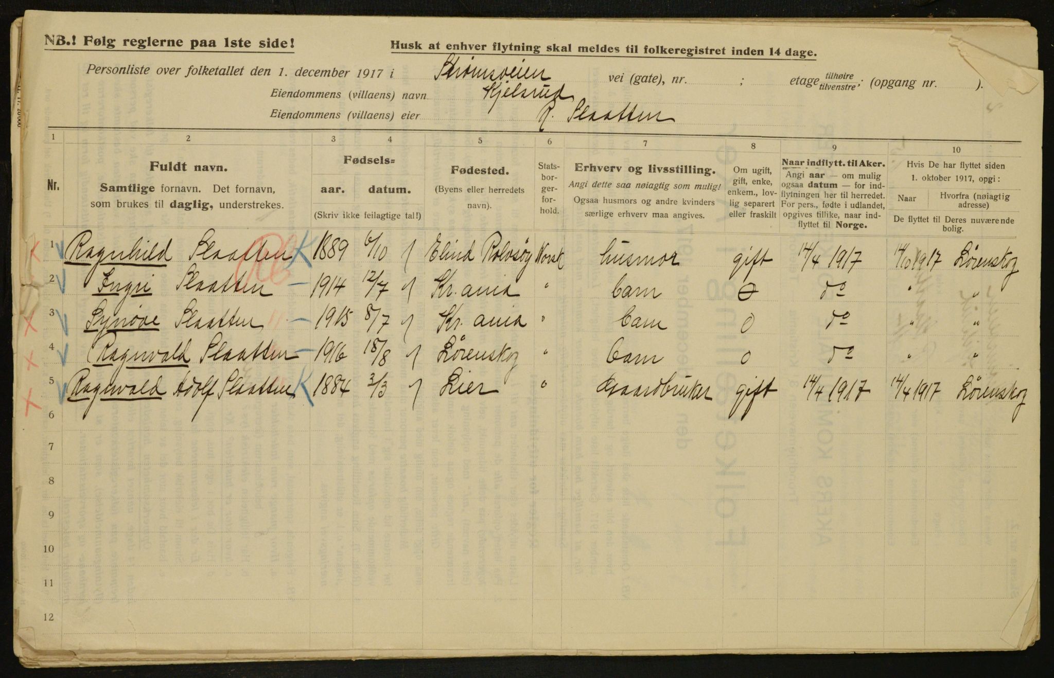 OBA, Municipal Census 1917 for Aker, 1917, p. 31498