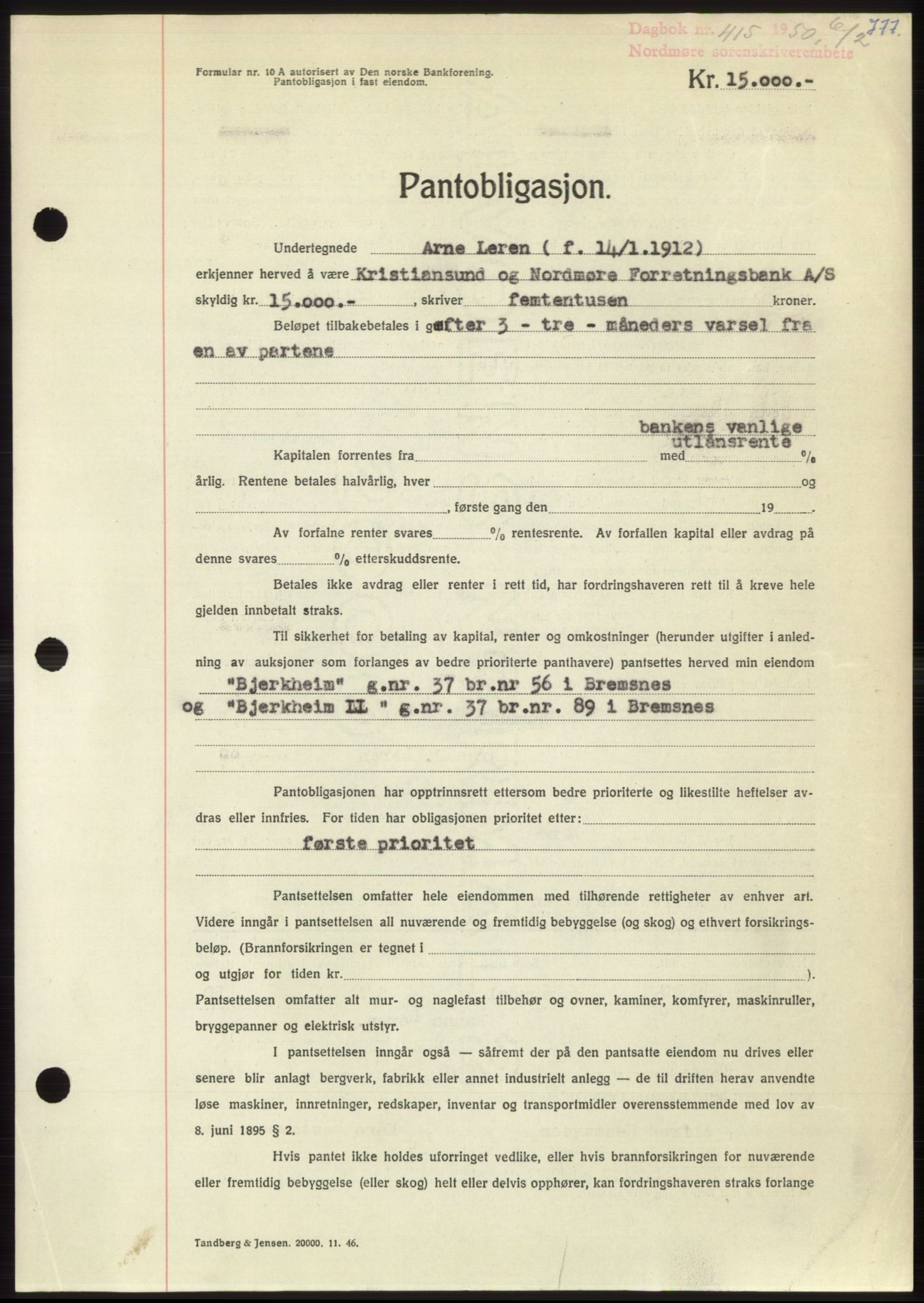 Nordmøre sorenskriveri, AV/SAT-A-4132/1/2/2Ca: Mortgage book no. B103, 1949-1950, Diary no: : 415/1950