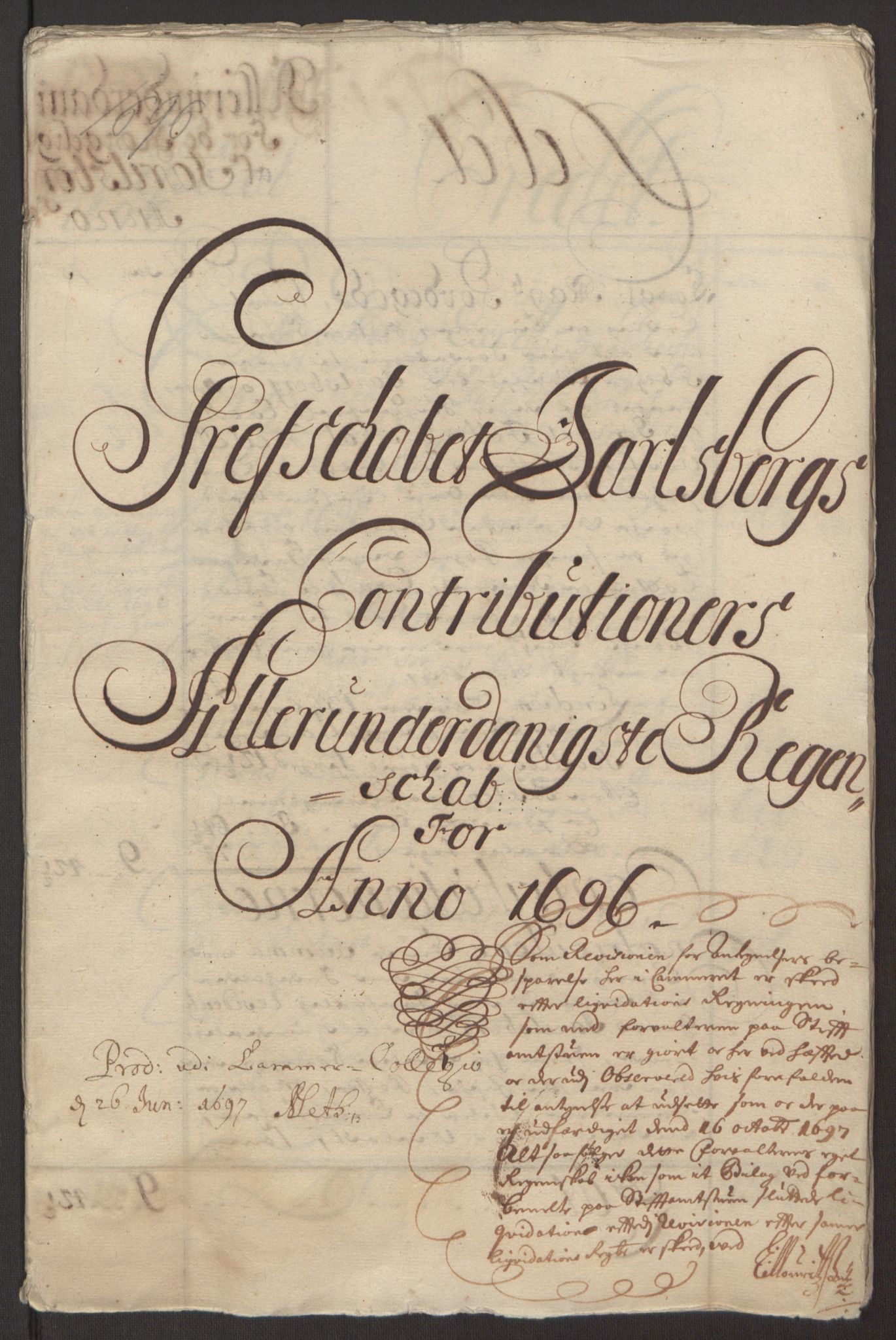 Rentekammeret inntil 1814, Reviderte regnskaper, Fogderegnskap, RA/EA-4092/R32/L1867: Fogderegnskap Jarlsberg grevskap, 1694-1696, p. 256
