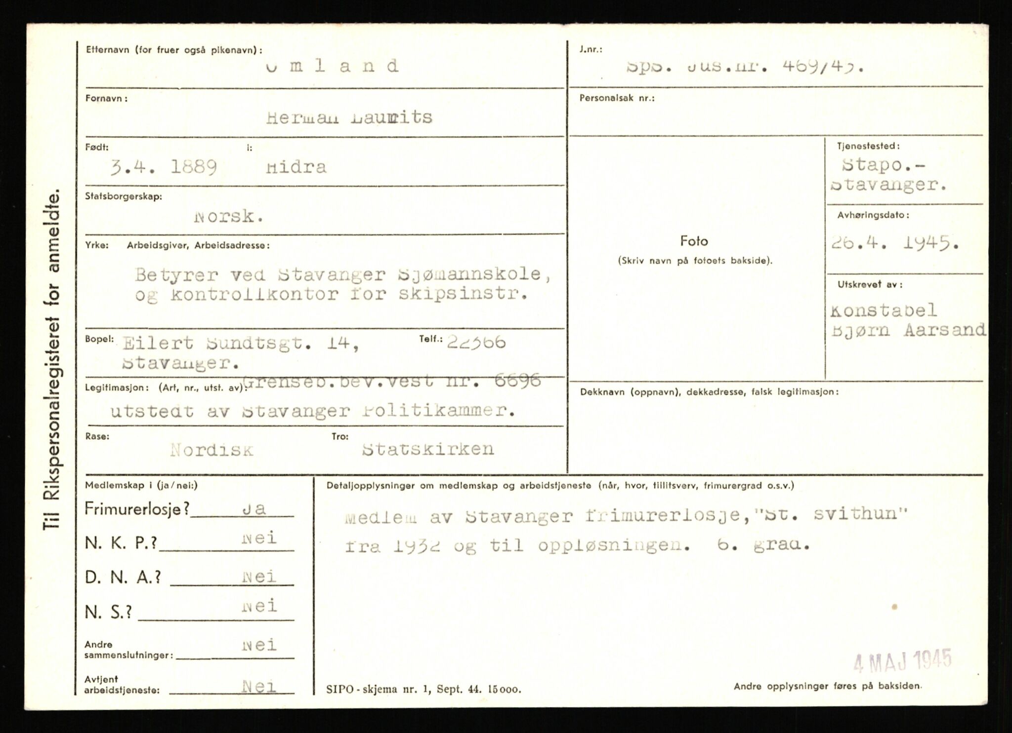 Statspolitiet - Hovedkontoret / Osloavdelingen, AV/RA-S-1329/C/Ca/L0012: Oanæs - Quistgaard	, 1943-1945, p. 2054