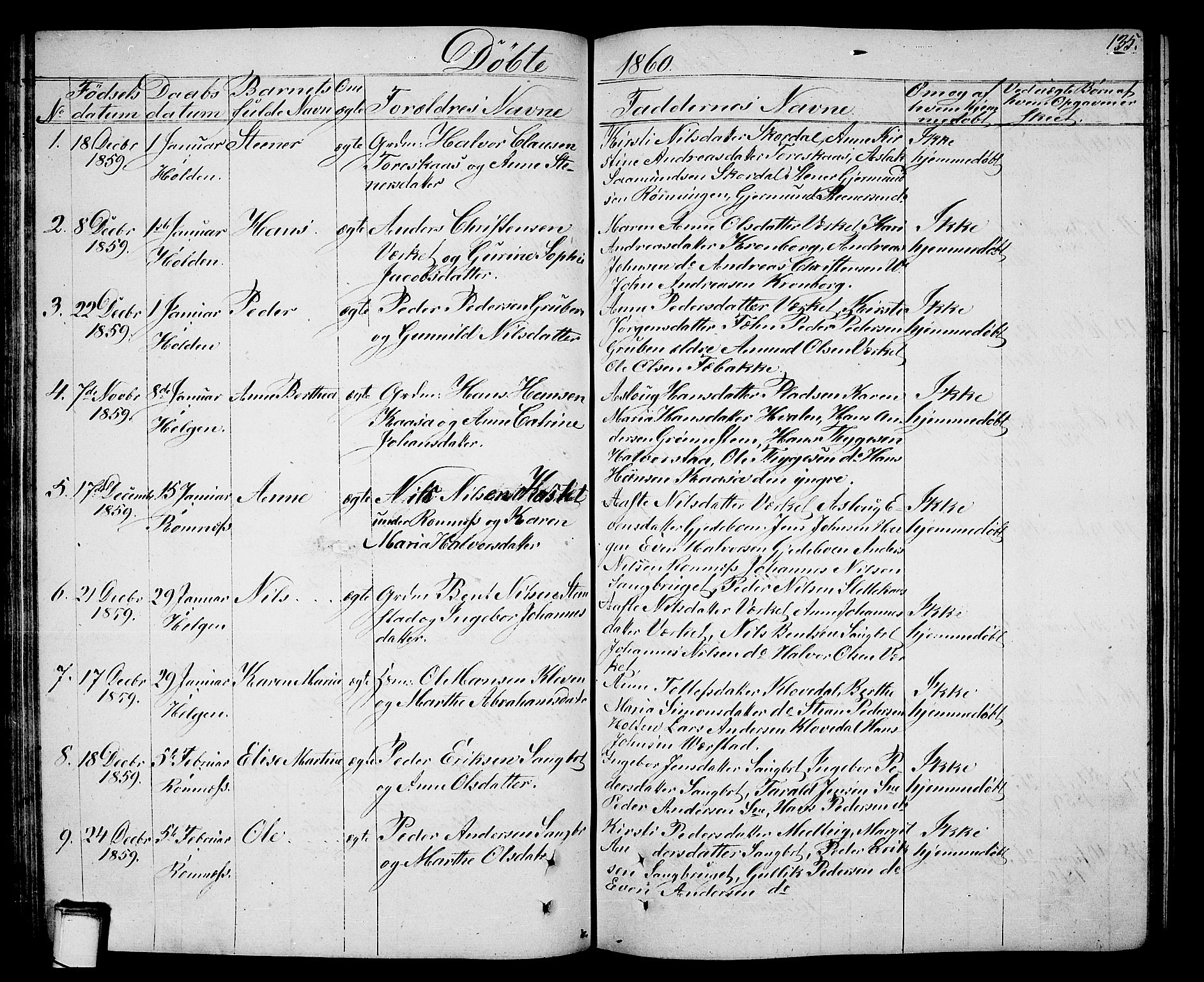 Holla kirkebøker, AV/SAKO-A-272/G/Ga/L0003: Parish register (copy) no. I 3, 1849-1866, p. 135