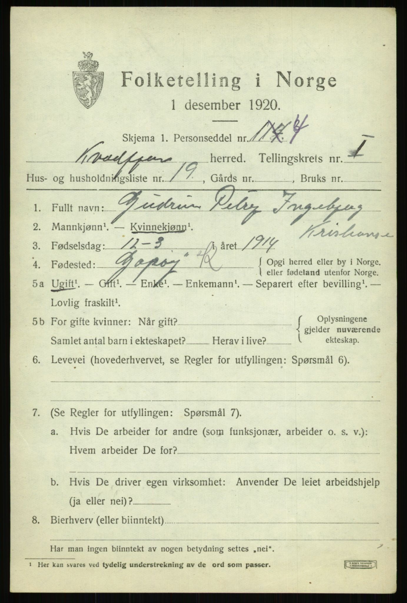 SATØ, 1920 census for Kvæfjord, 1920, p. 1403