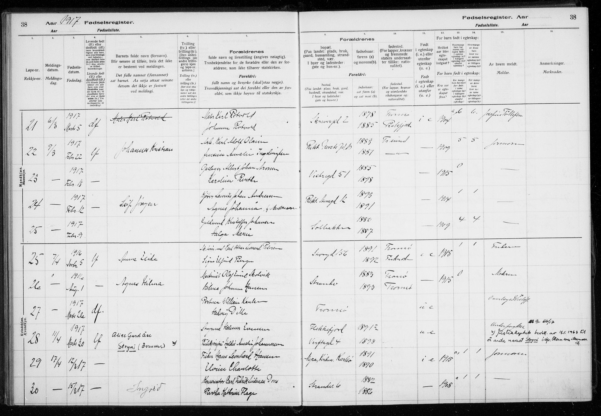 Tromsø sokneprestkontor/stiftsprosti/domprosti, AV/SATØ-S-1343/H/Ha/L0131: Birth register no. 131, 1916-1921, p. 38