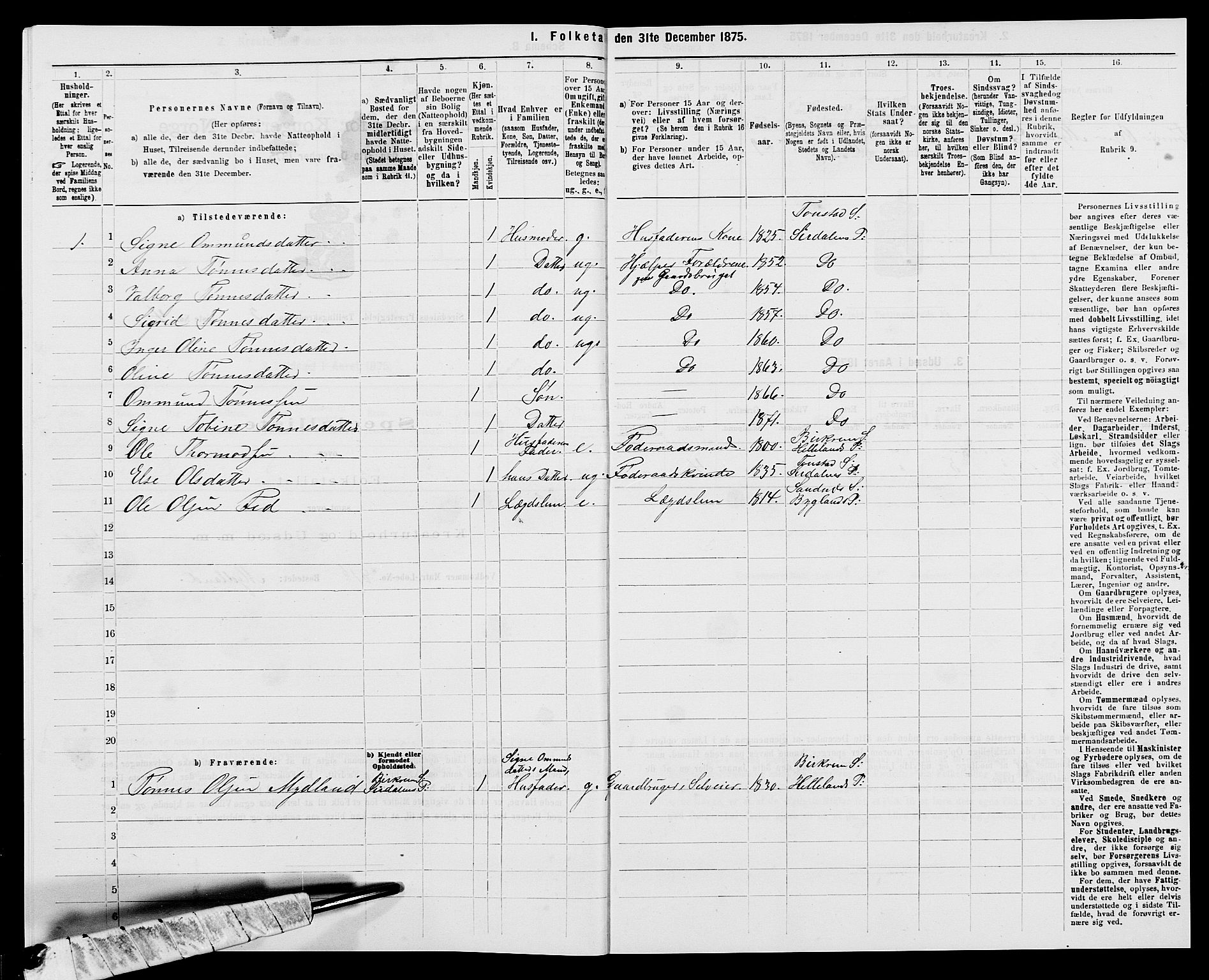 SAK, 1875 census for 1046P Sirdal, 1875, p. 283