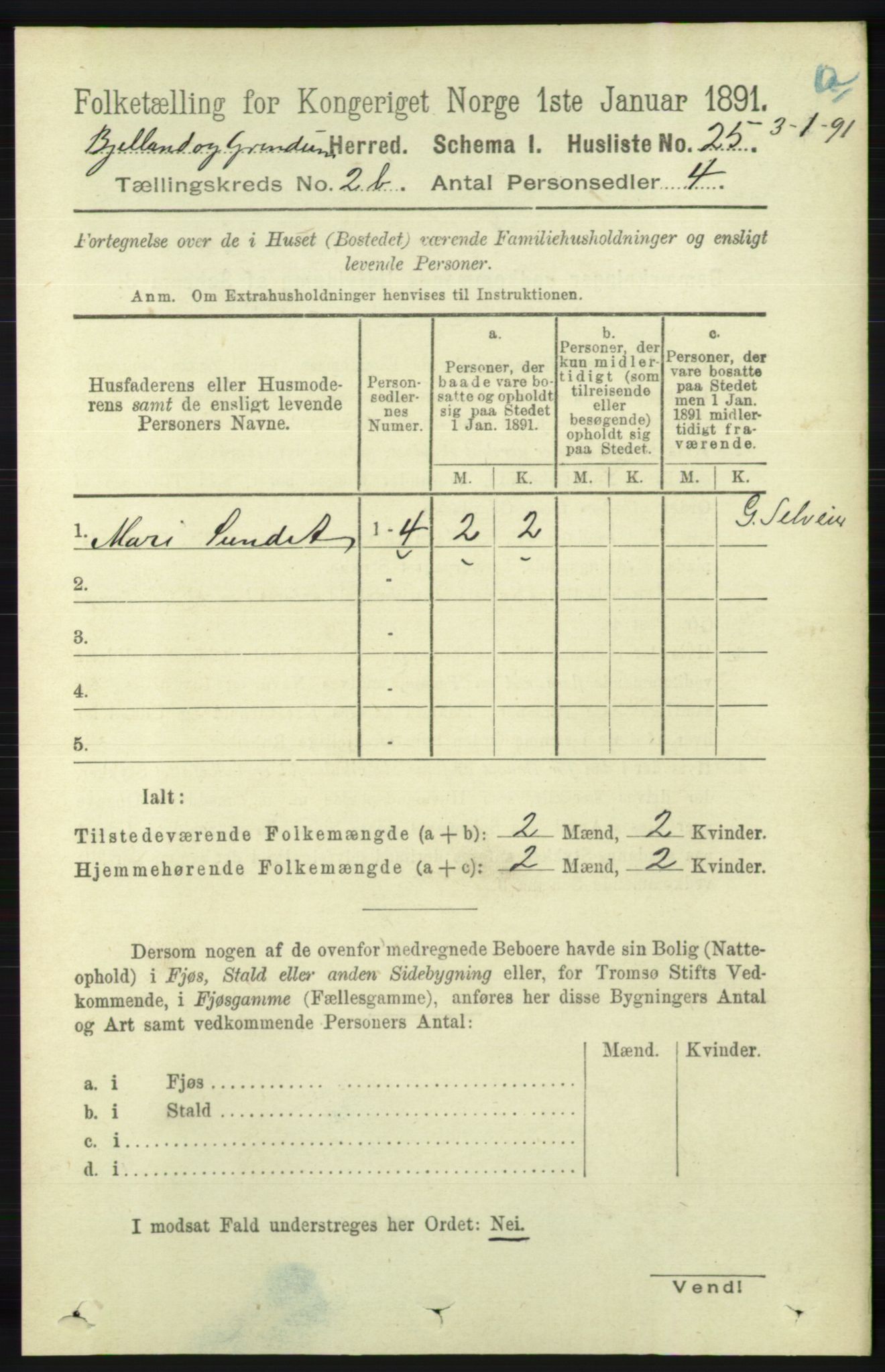 RA, 1891 census for 1024 Bjelland og Grindheim, 1891, p. 1101
