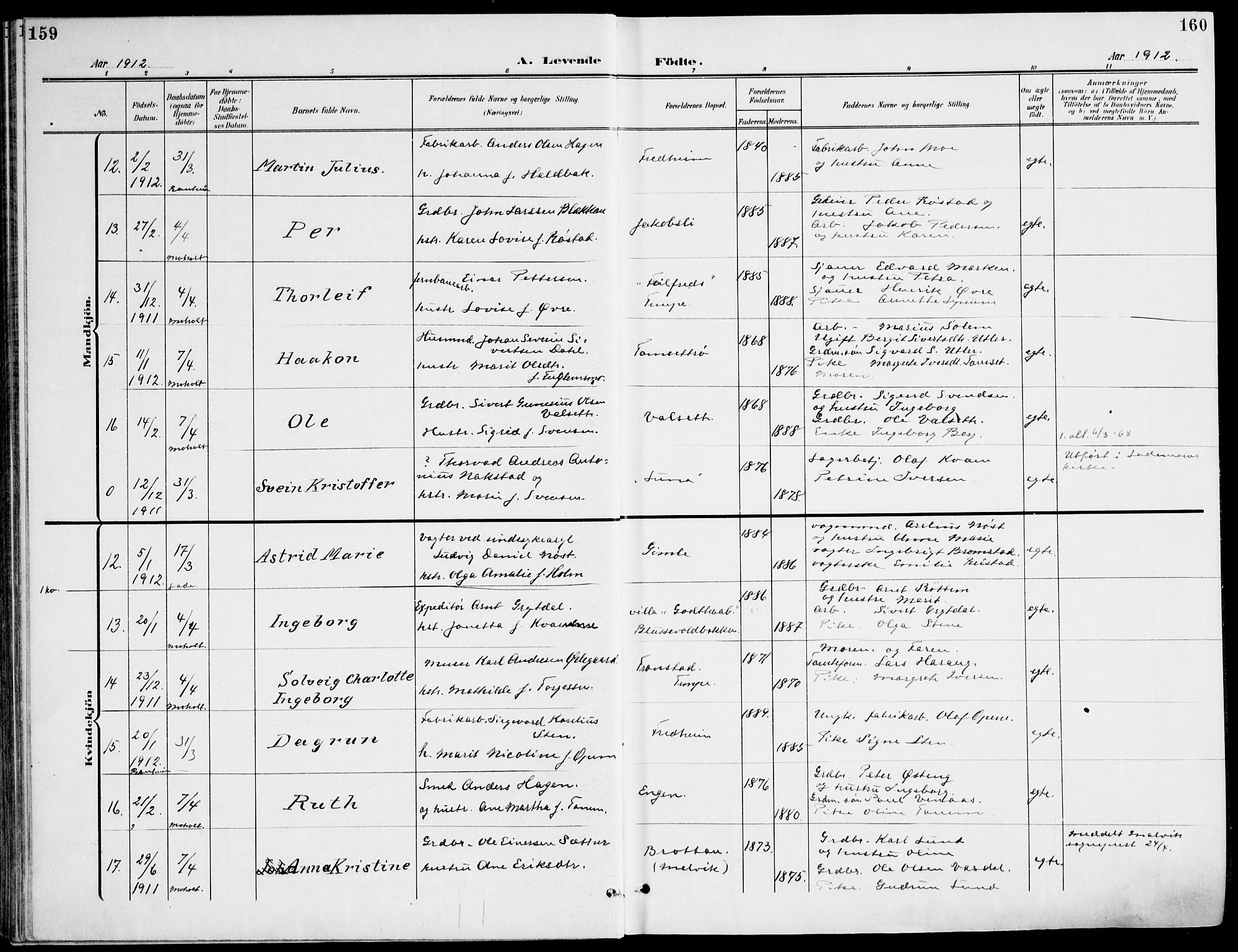 Ministerialprotokoller, klokkerbøker og fødselsregistre - Sør-Trøndelag, AV/SAT-A-1456/607/L0320: Parish register (official) no. 607A04, 1907-1915, p. 159-160