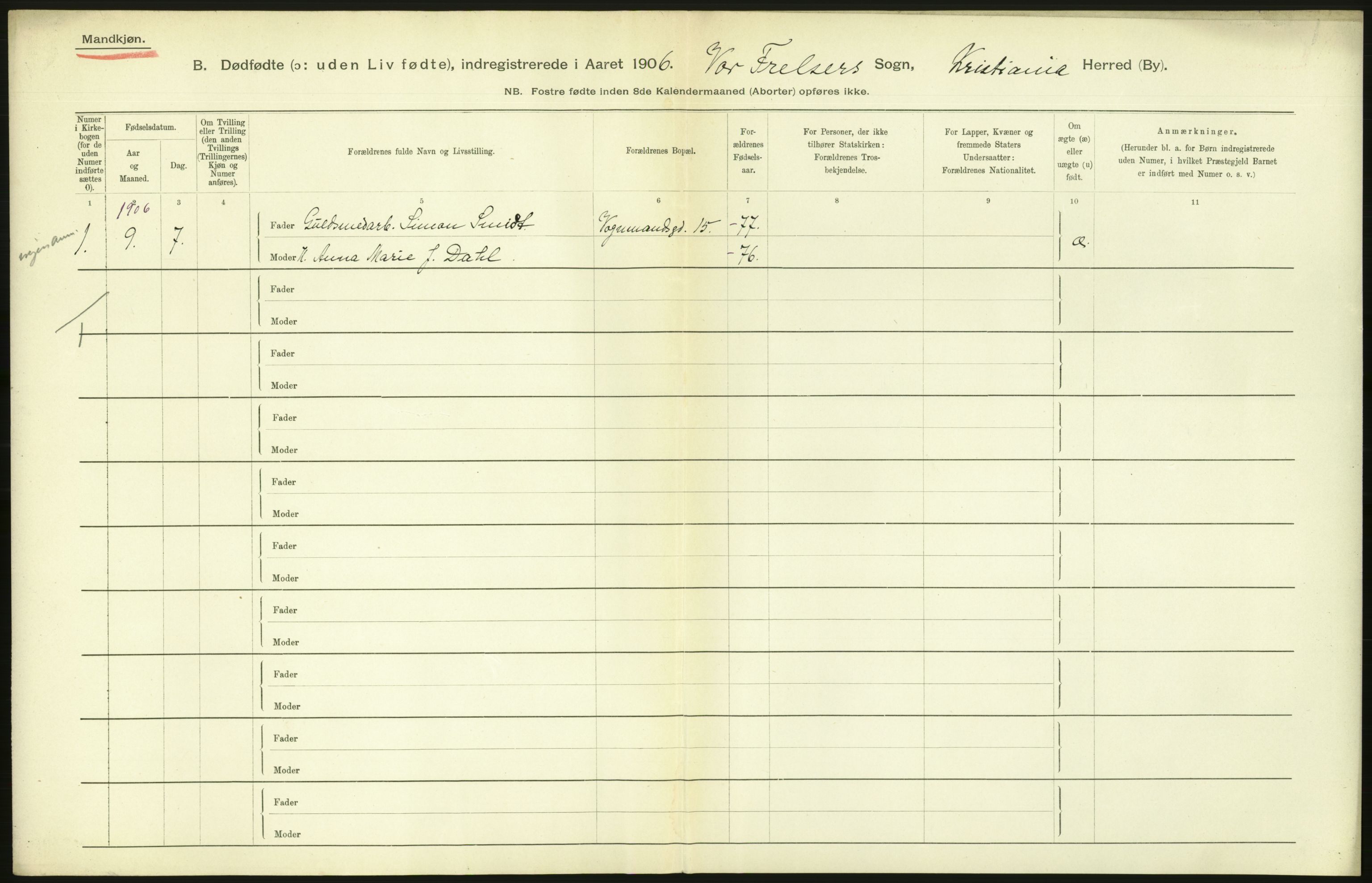 Statistisk sentralbyrå, Sosiodemografiske emner, Befolkning, RA/S-2228/D/Df/Dfa/Dfad/L0010: Kristiania: Døde, dødfødte, 1906, p. 82