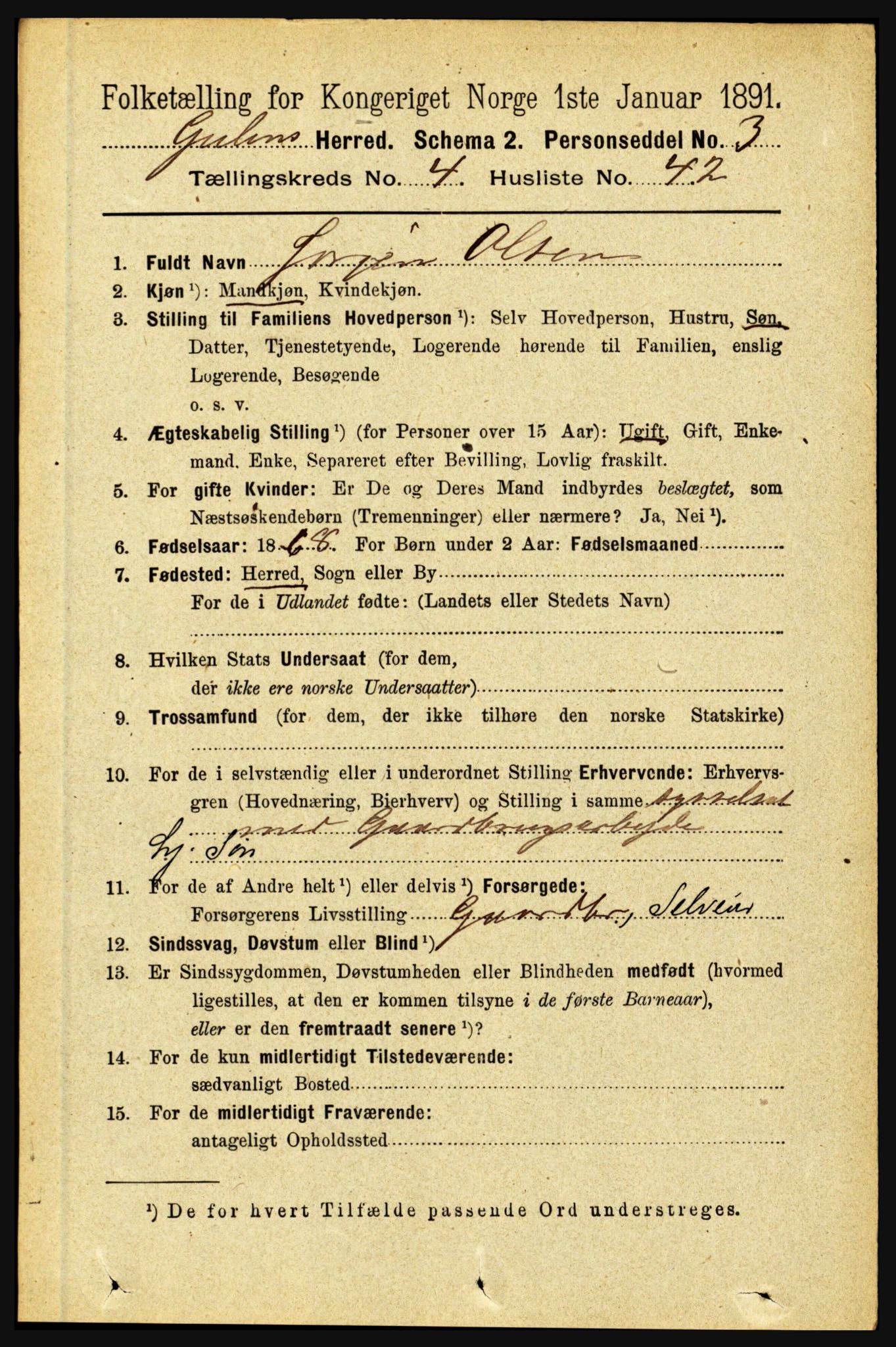 RA, 1891 census for 1411 Gulen, 1891, p. 1521