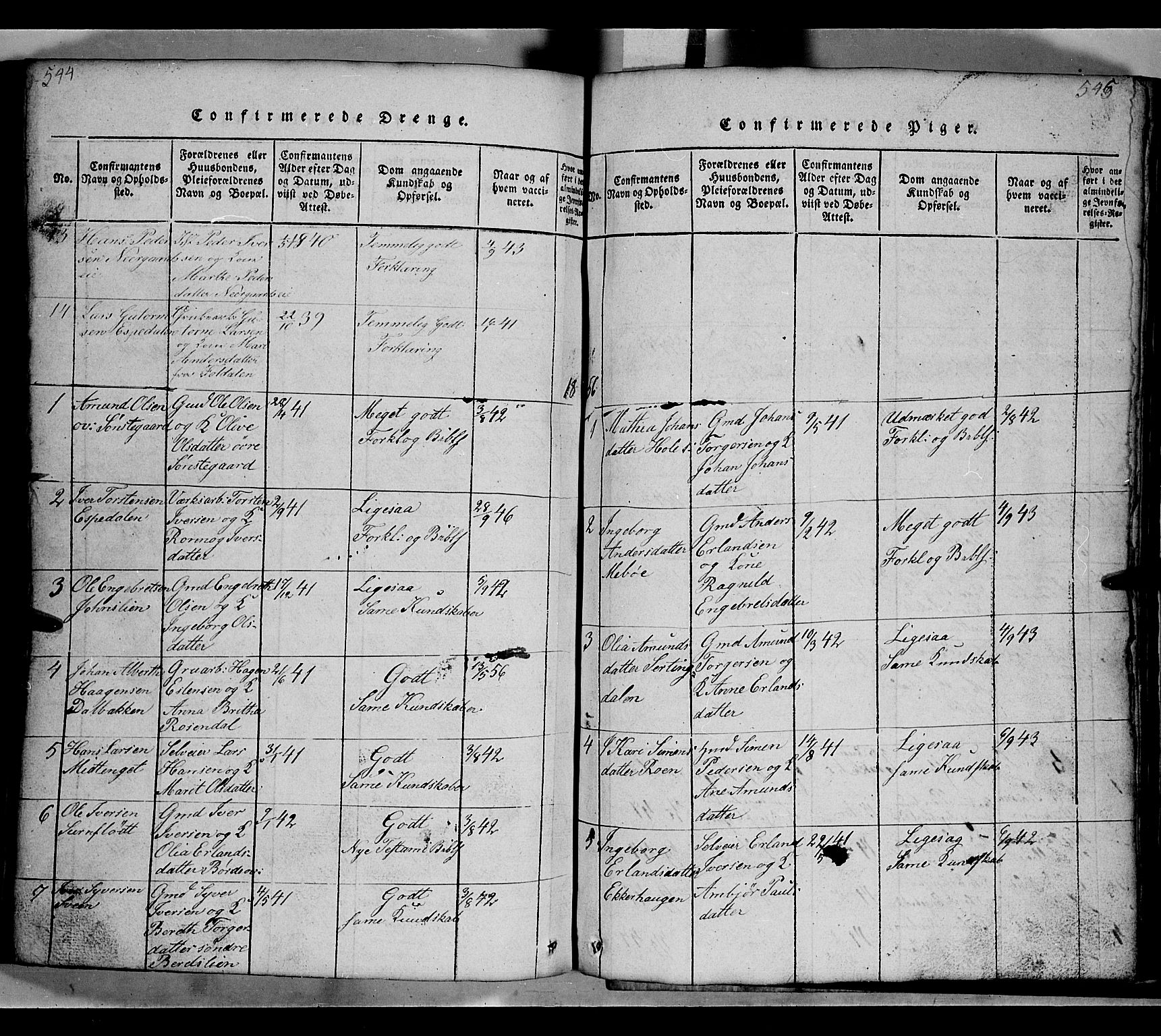Gausdal prestekontor, SAH/PREST-090/H/Ha/Hab/L0002: Parish register (copy) no. 2, 1818-1874, p. 544-545