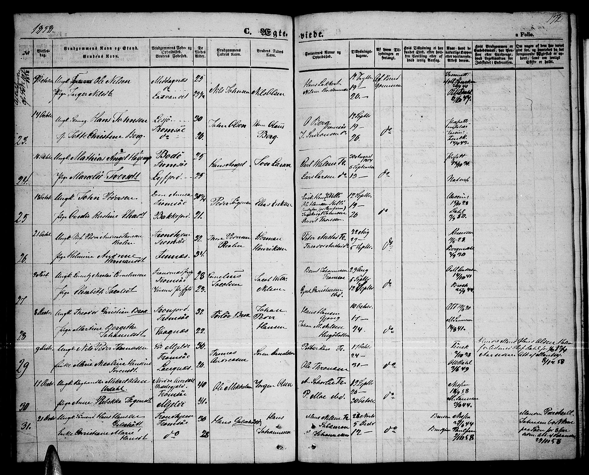 Tromsø sokneprestkontor/stiftsprosti/domprosti, SATØ/S-1343/G/Gb/L0006klokker: Parish register (copy) no. 6, 1857-1866, p. 172