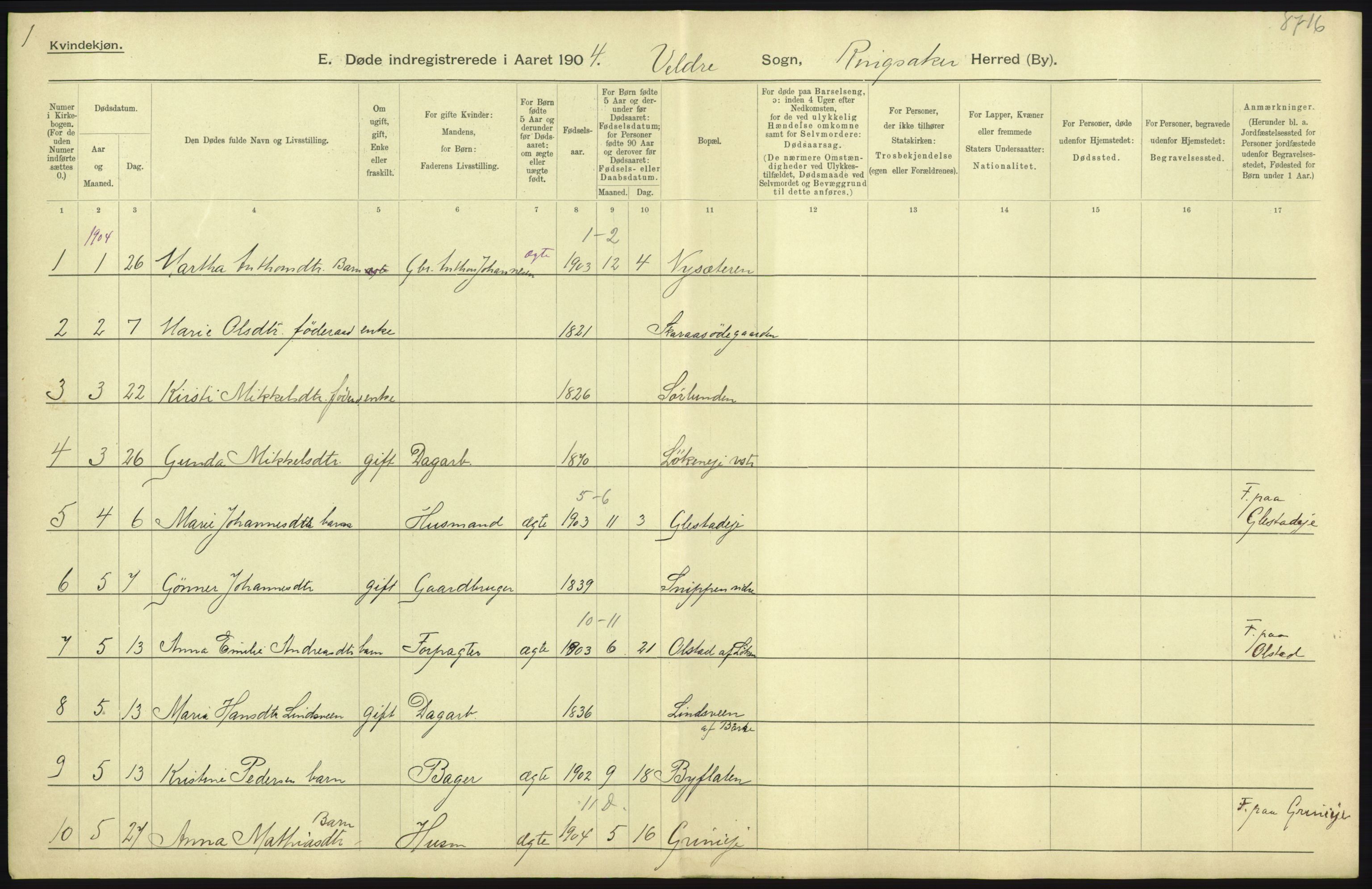 Statistisk sentralbyrå, Sosiodemografiske emner, Befolkning, AV/RA-S-2228/D/Df/Dfa/Dfab/L0005: Hedemarkens amt: Fødte, gifte, døde, 1904, p. 657