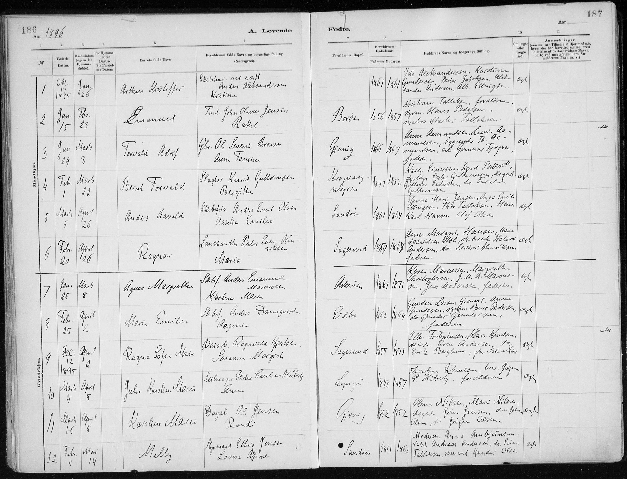 Dypvåg sokneprestkontor, AV/SAK-1111-0007/F/Fa/Faa/L0008: Parish register (official) no. A 8, 1885-1906, p. 186-187