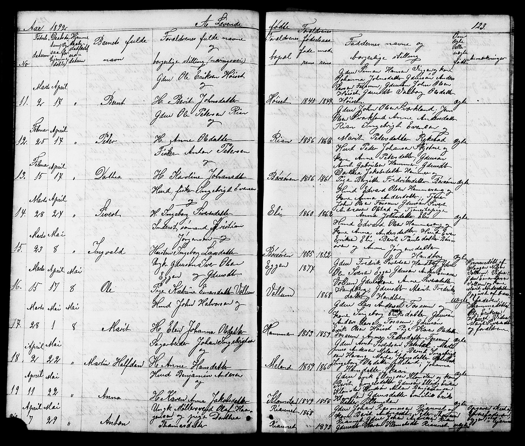 Ministerialprotokoller, klokkerbøker og fødselsregistre - Sør-Trøndelag, SAT/A-1456/665/L0777: Parish register (copy) no. 665C02, 1867-1915, p. 123