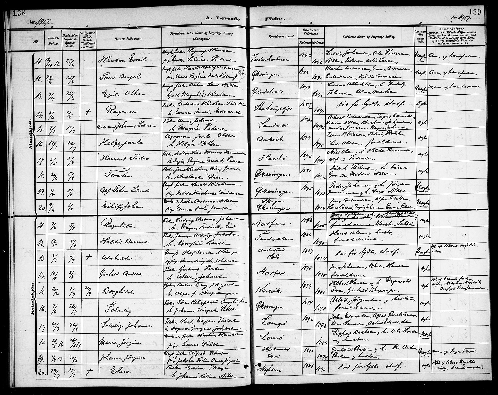Ministerialprotokoller, klokkerbøker og fødselsregistre - Nordland, SAT/A-1459/834/L0516: Parish register (copy) no. 834C06, 1902-1918, p. 138-139