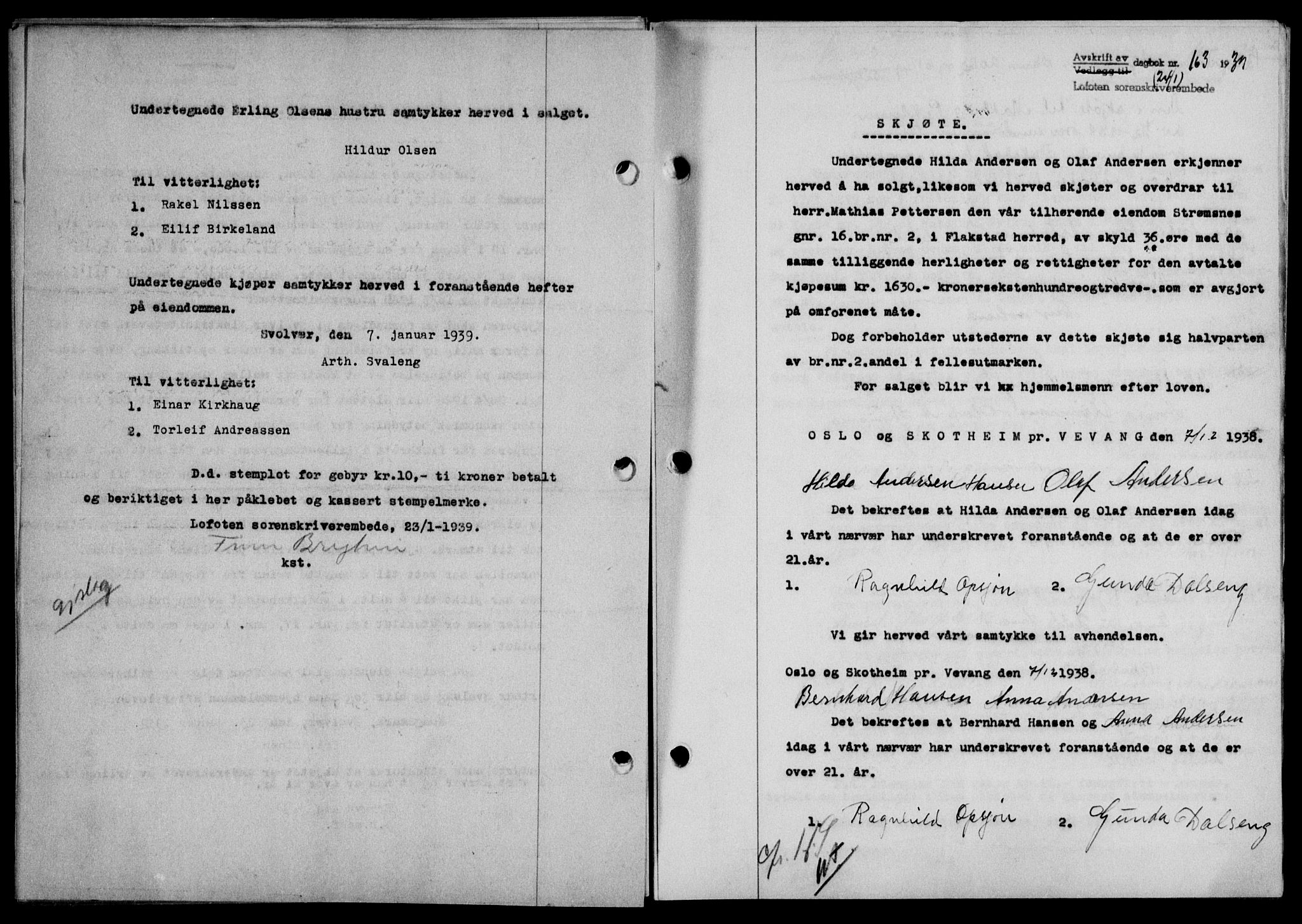 Lofoten sorenskriveri, SAT/A-0017/1/2/2C/L0005a: Mortgage book no. 5a, 1939-1939, Diary no: : 163/1939