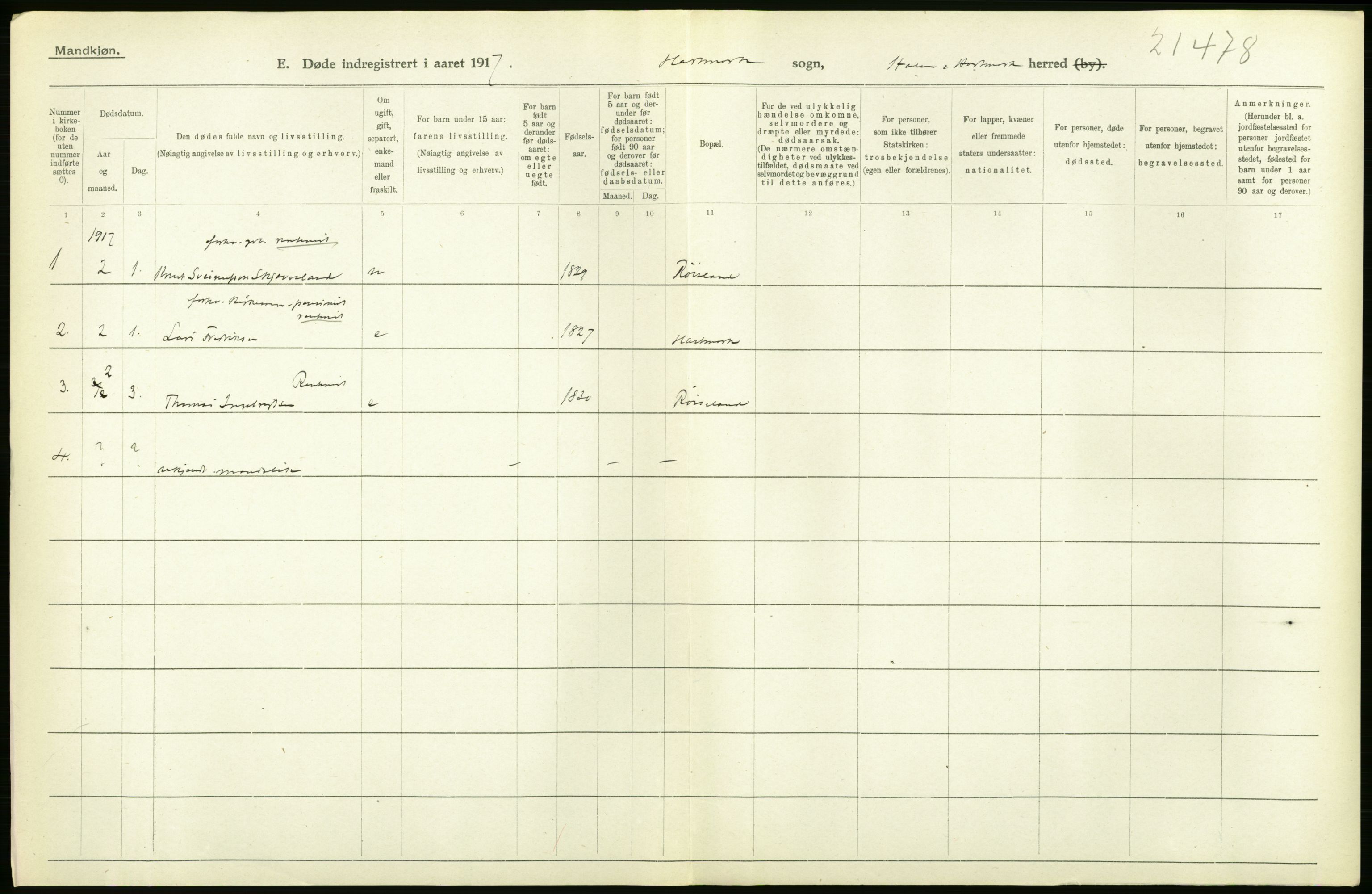 Statistisk sentralbyrå, Sosiodemografiske emner, Befolkning, AV/RA-S-2228/D/Df/Dfb/Dfbg/L0030: Lister og Mandals amt: Gifte, døde, dødfødte. Bygder og byer., 1917, p. 36