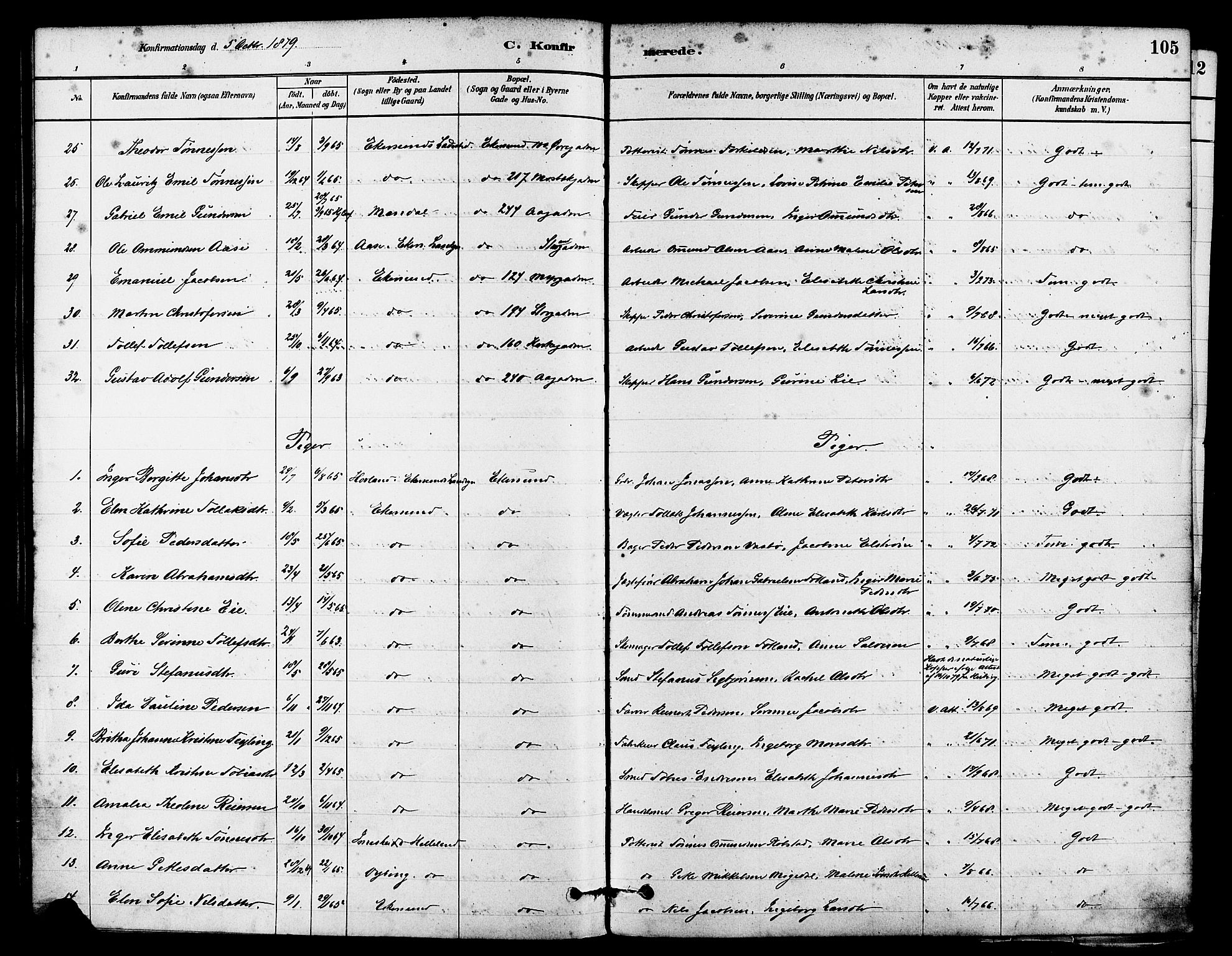 Eigersund sokneprestkontor, SAST/A-101807/S08/L0015: Parish register (official) no. A 15, 1879-1892, p. 105