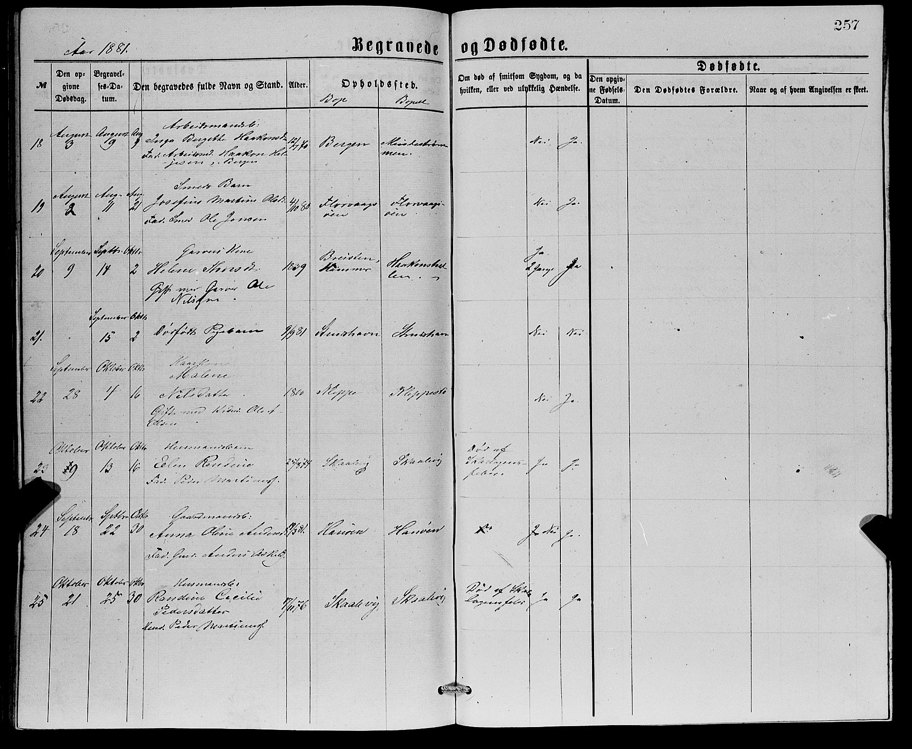 Askøy Sokneprestembete, AV/SAB-A-74101/H/Ha/Hab/Haba/L0007: Parish register (copy) no. A 7, 1871-1881, p. 257