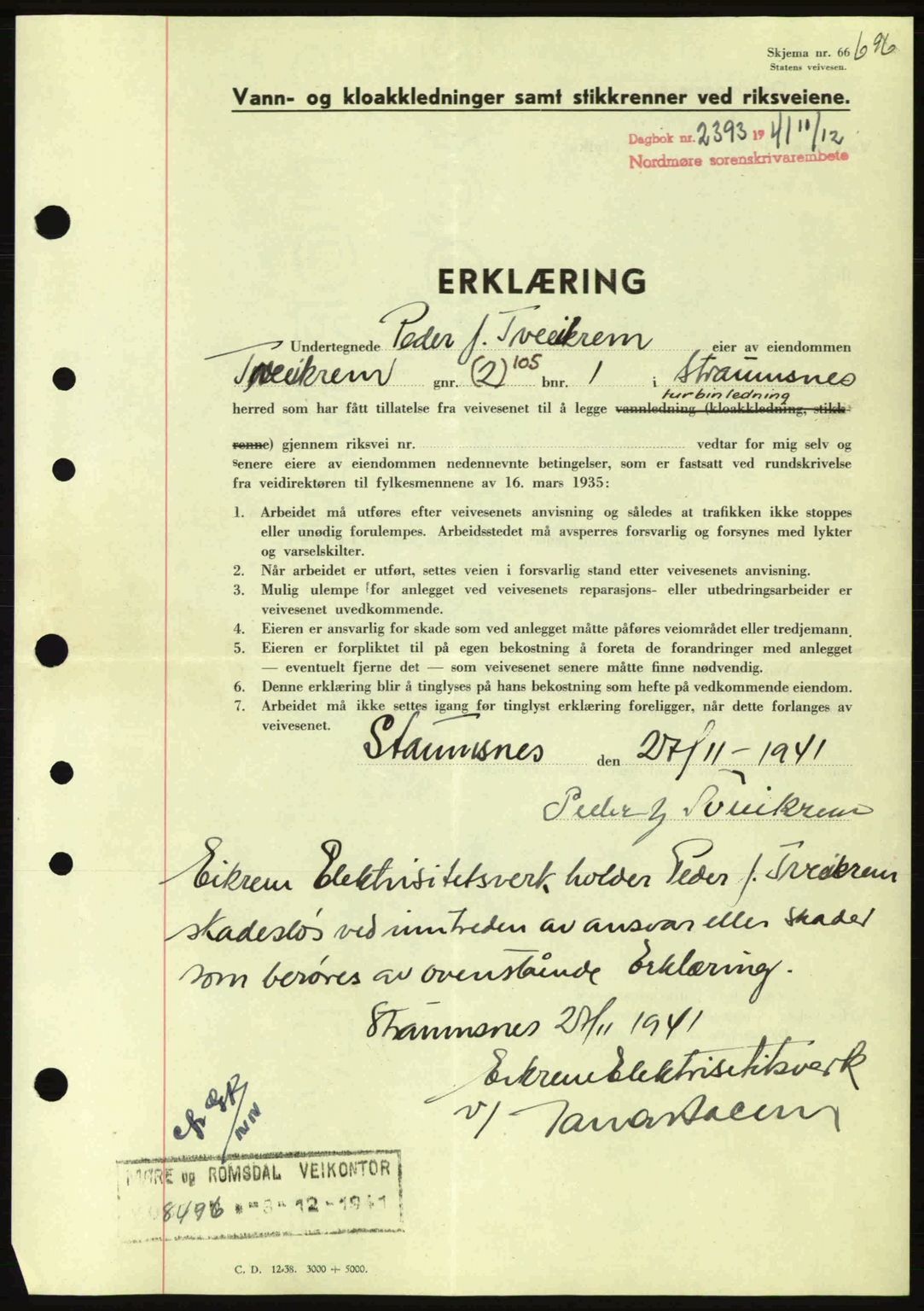 Nordmøre sorenskriveri, AV/SAT-A-4132/1/2/2Ca: Mortgage book no. B88, 1941-1942, Diary no: : 2393/1941