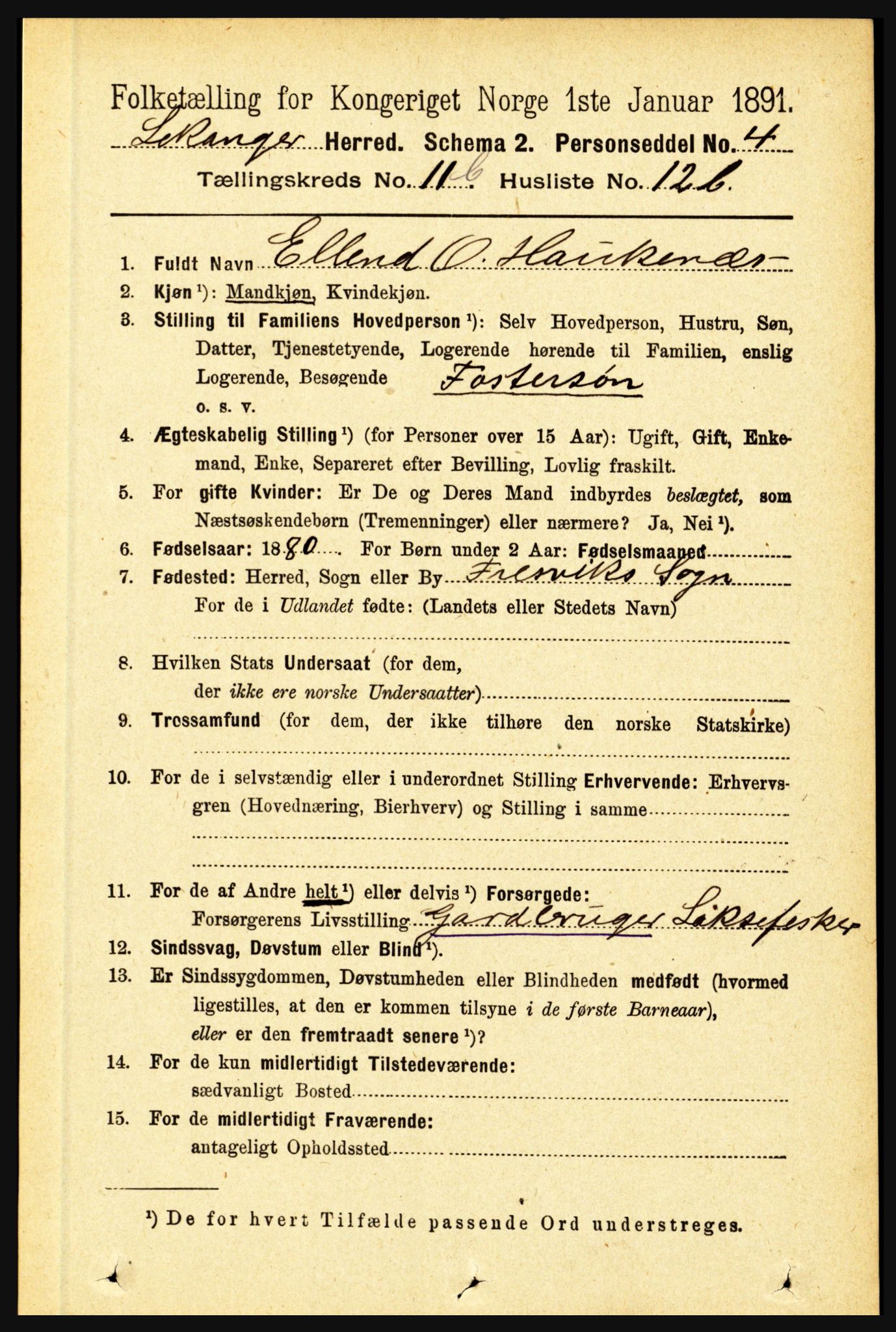 RA, 1891 census for 1419 Leikanger, 1891, p. 2225