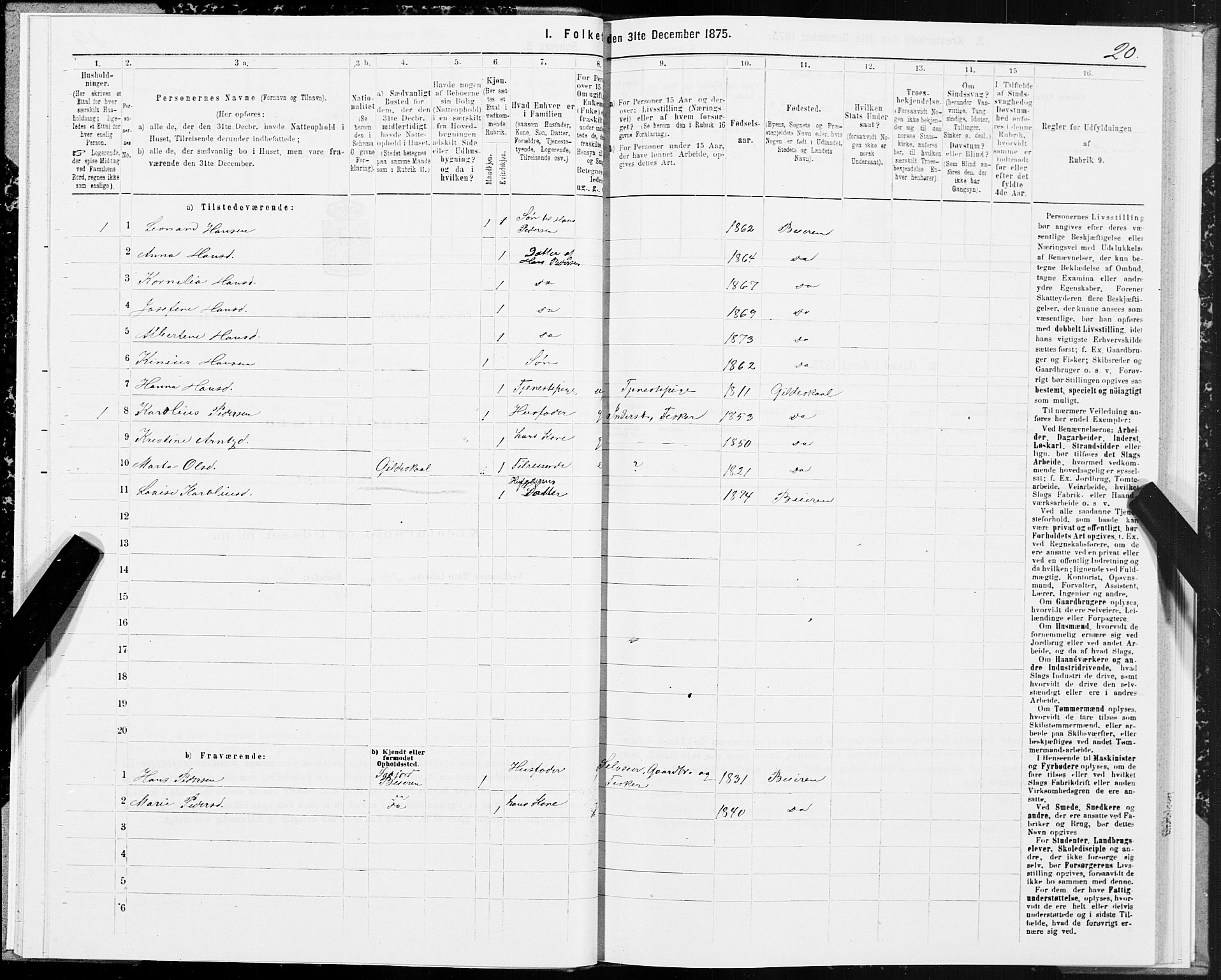 SAT, 1875 census for 1839P Beiarn, 1875, p. 1020