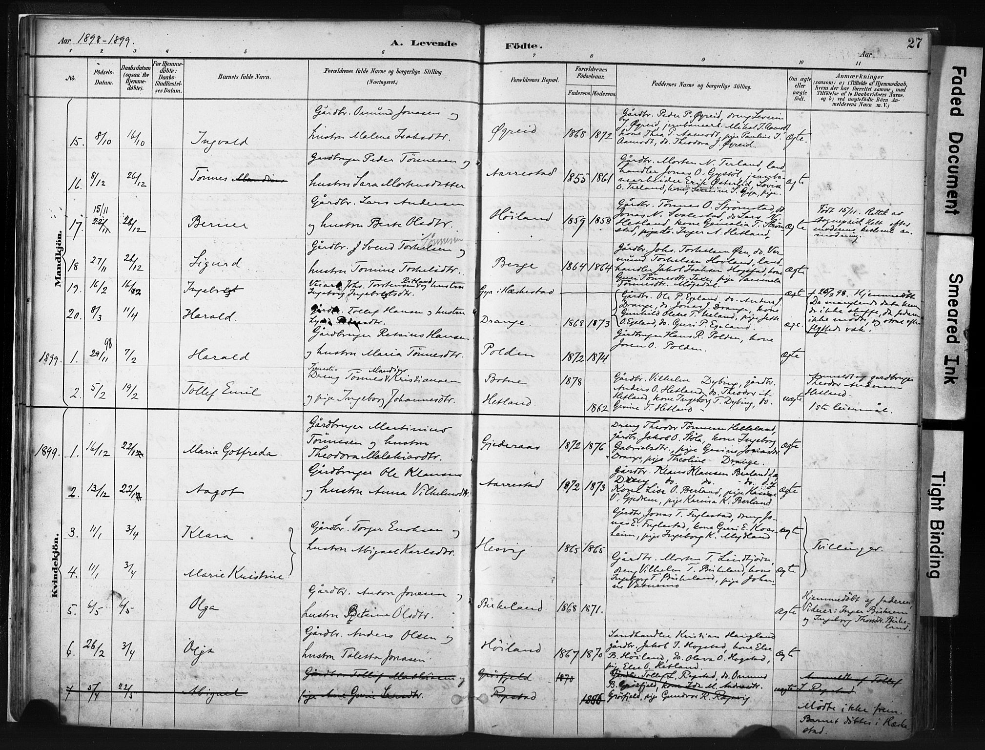 Helleland sokneprestkontor, AV/SAST-A-101810: Parish register (official) no. A 8, 1887-1907, p. 27