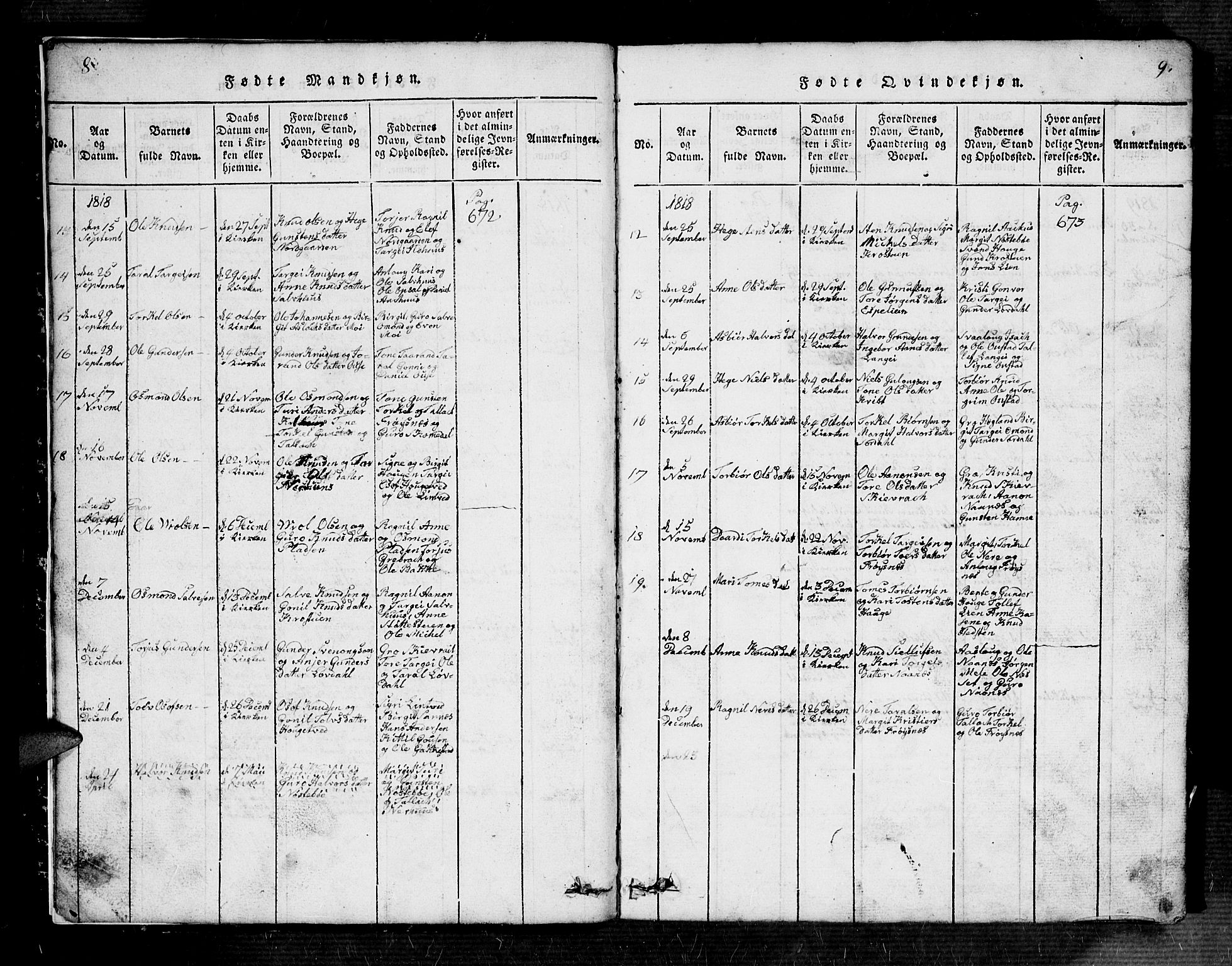Bygland sokneprestkontor, SAK/1111-0006/F/Fb/Fbb/L0001: Parish register (copy) no. B 1, 1816-1843, p. 8-9