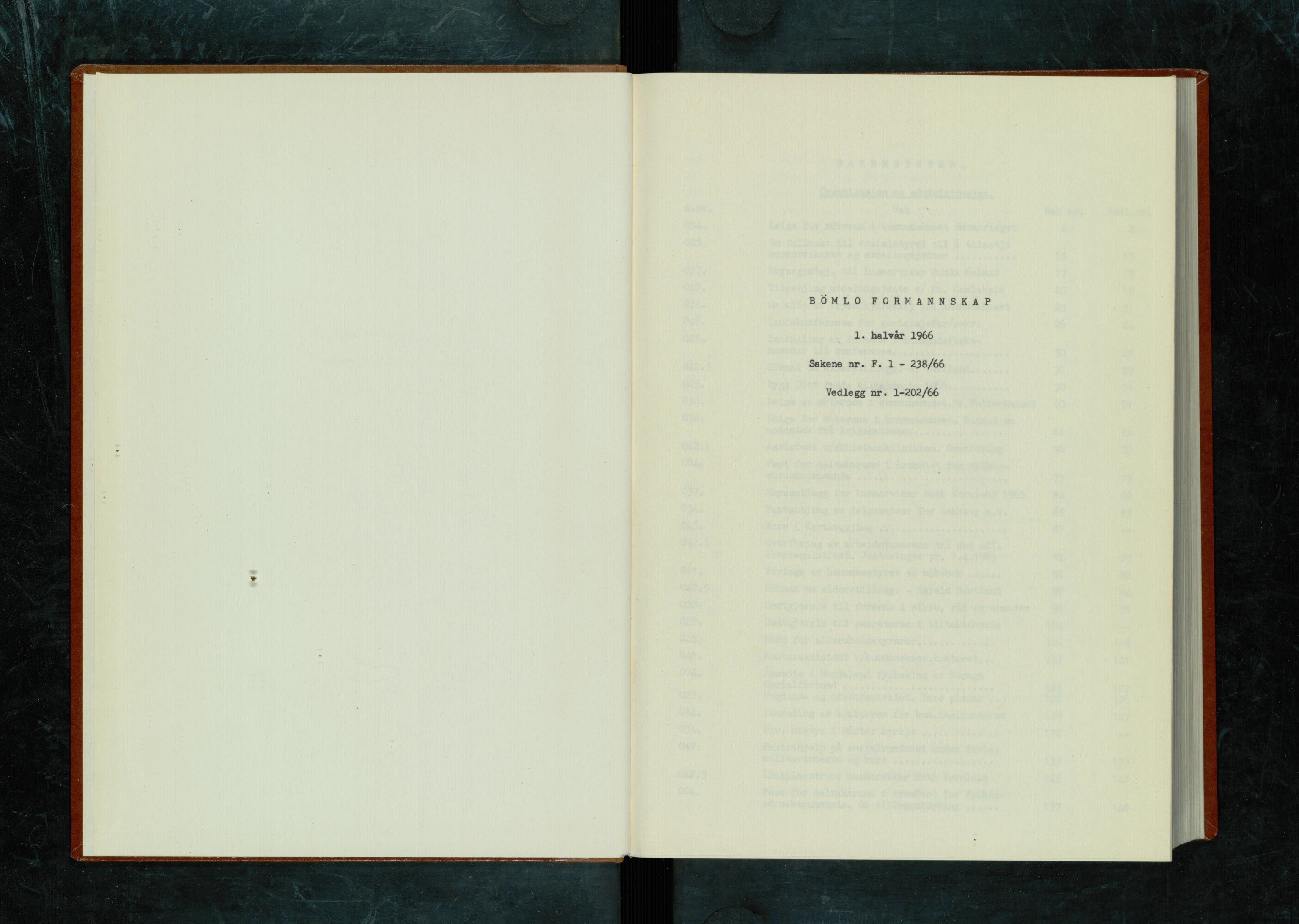 Bømlo kommune. Formannskapet, IKAH/1219-021/A/Ab/L0003/0001: Saksregister til møtebøkene  / Saksregister 1. halvår 1966, 1966