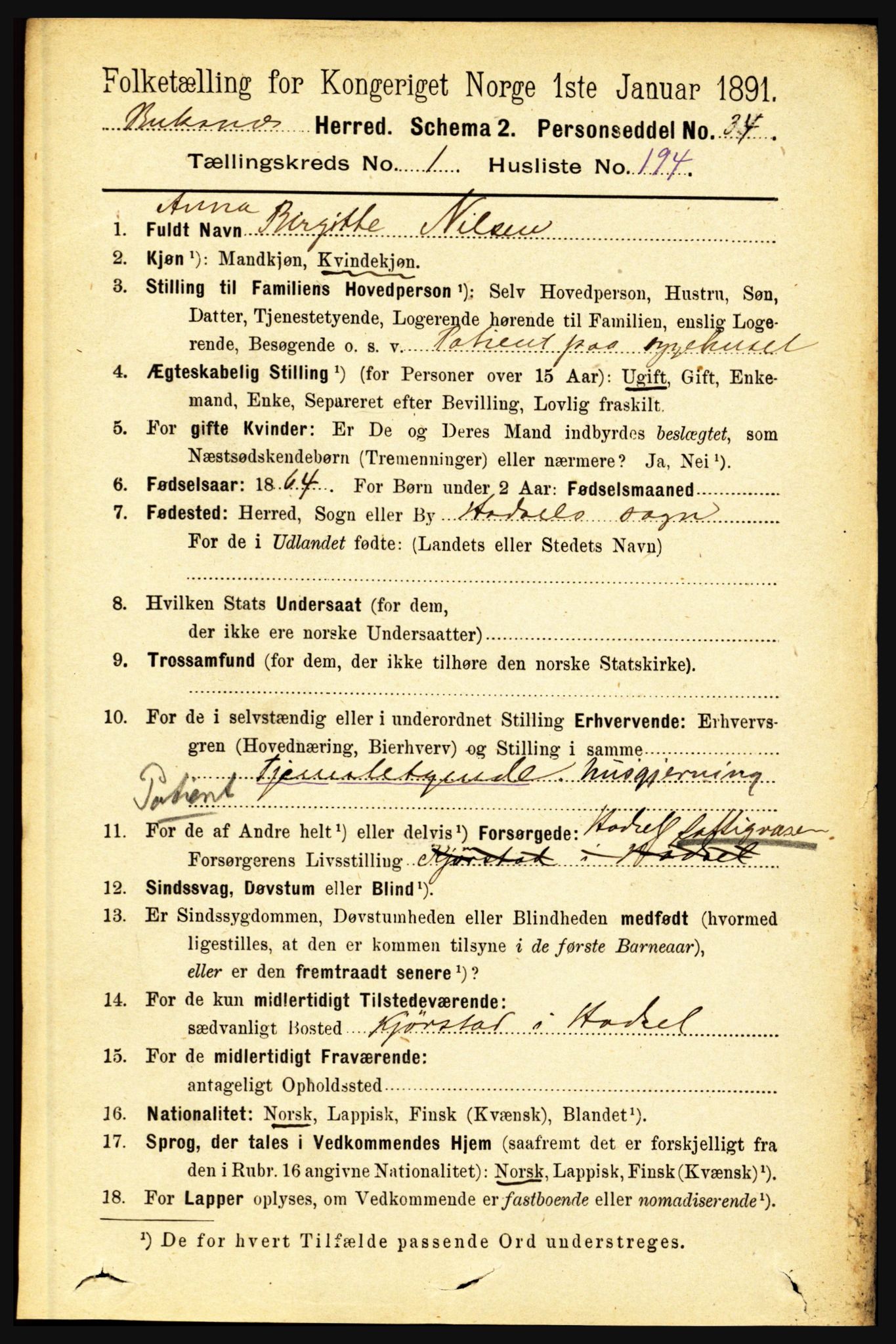 RA, 1891 census for 1860 Buksnes, 1891, p. 1517