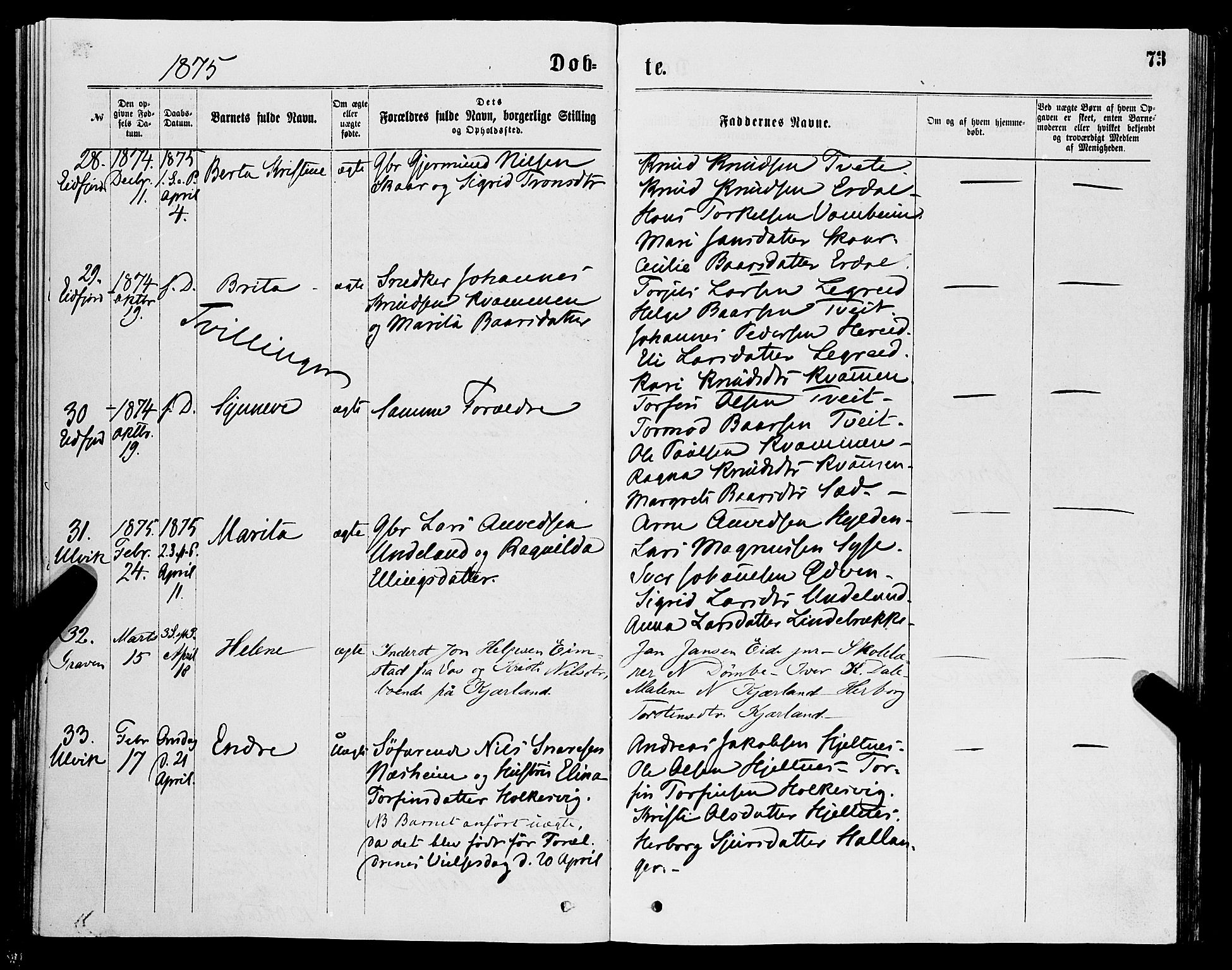 Ulvik sokneprestembete, AV/SAB-A-78801/H/Haa: Parish register (official) no. A 16, 1870-1878, p. 73