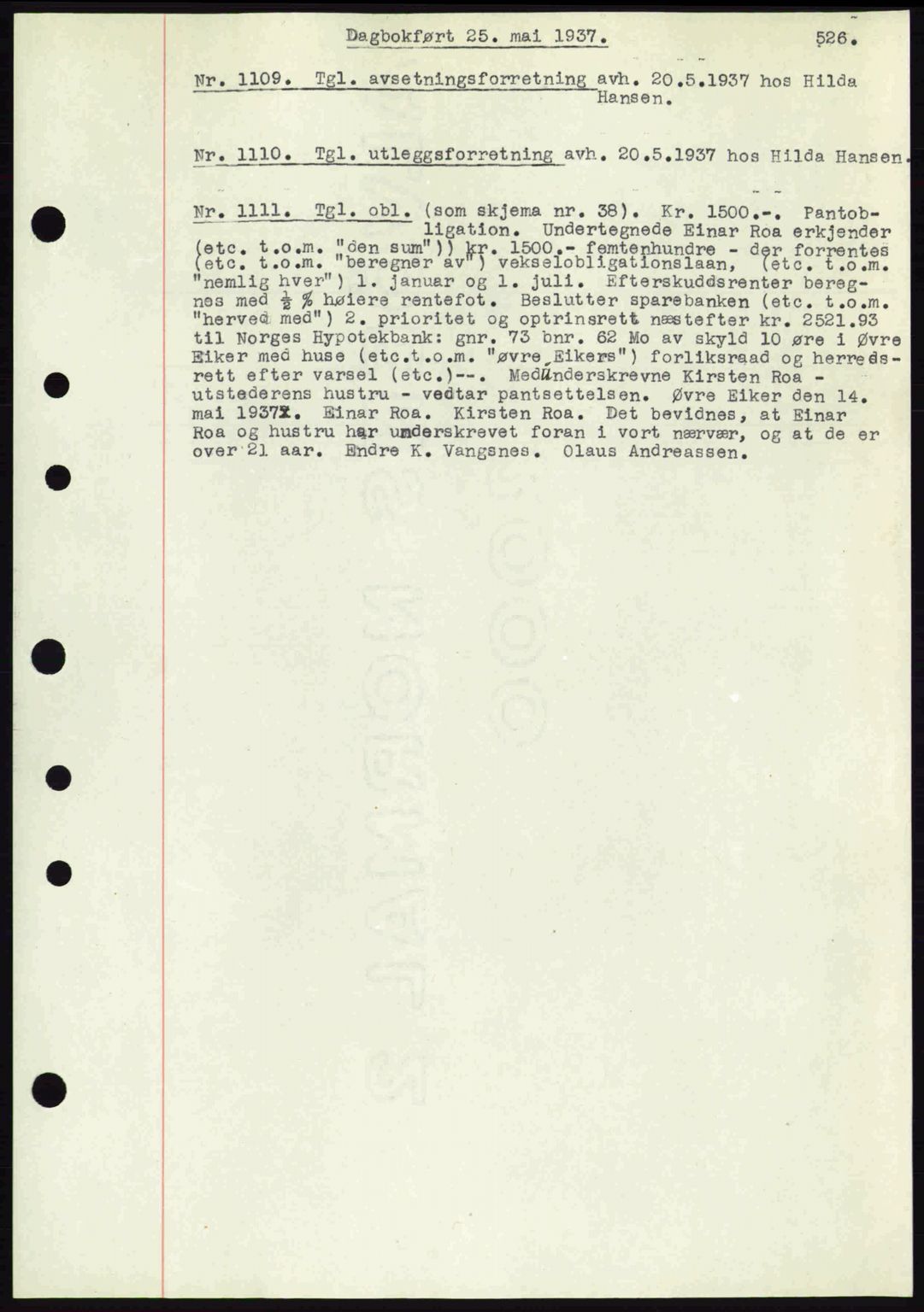 Eiker, Modum og Sigdal sorenskriveri, SAKO/A-123/G/Ga/Gab/L0035: Mortgage book no. A5, 1937-1937, Diary no: : 1109/1937