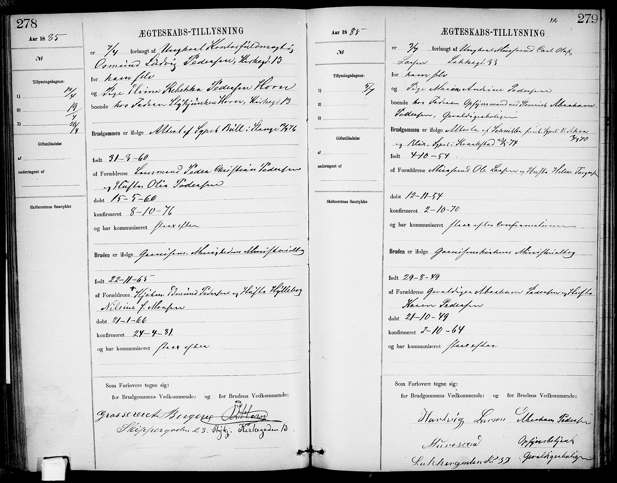 Garnisonsmenigheten Kirkebøker, AV/SAO-A-10846/H/Ha/L0007: Banns register no. I 7, 1872-1893, p. 278-279