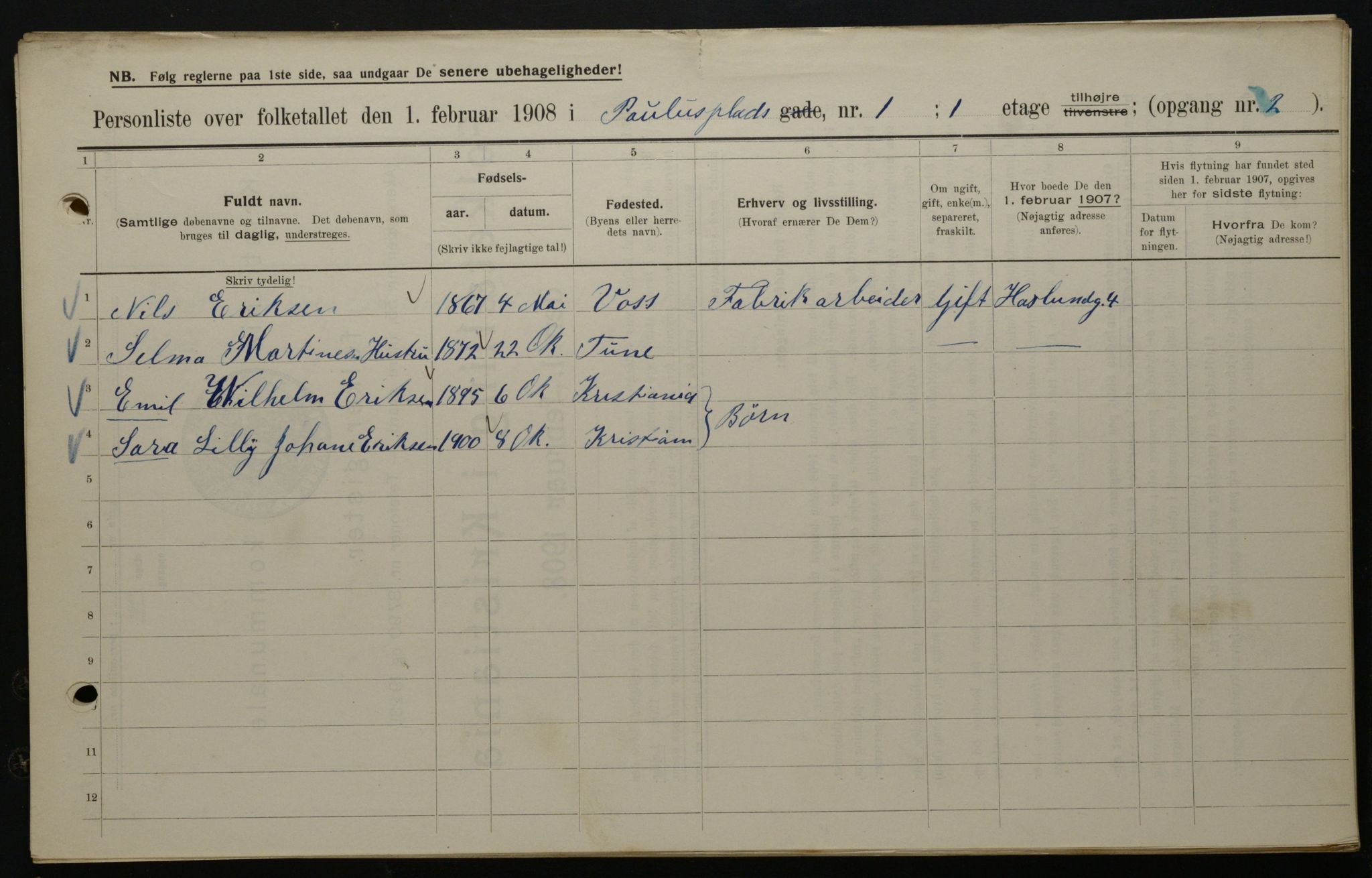 OBA, Municipal Census 1908 for Kristiania, 1908, p. 70407