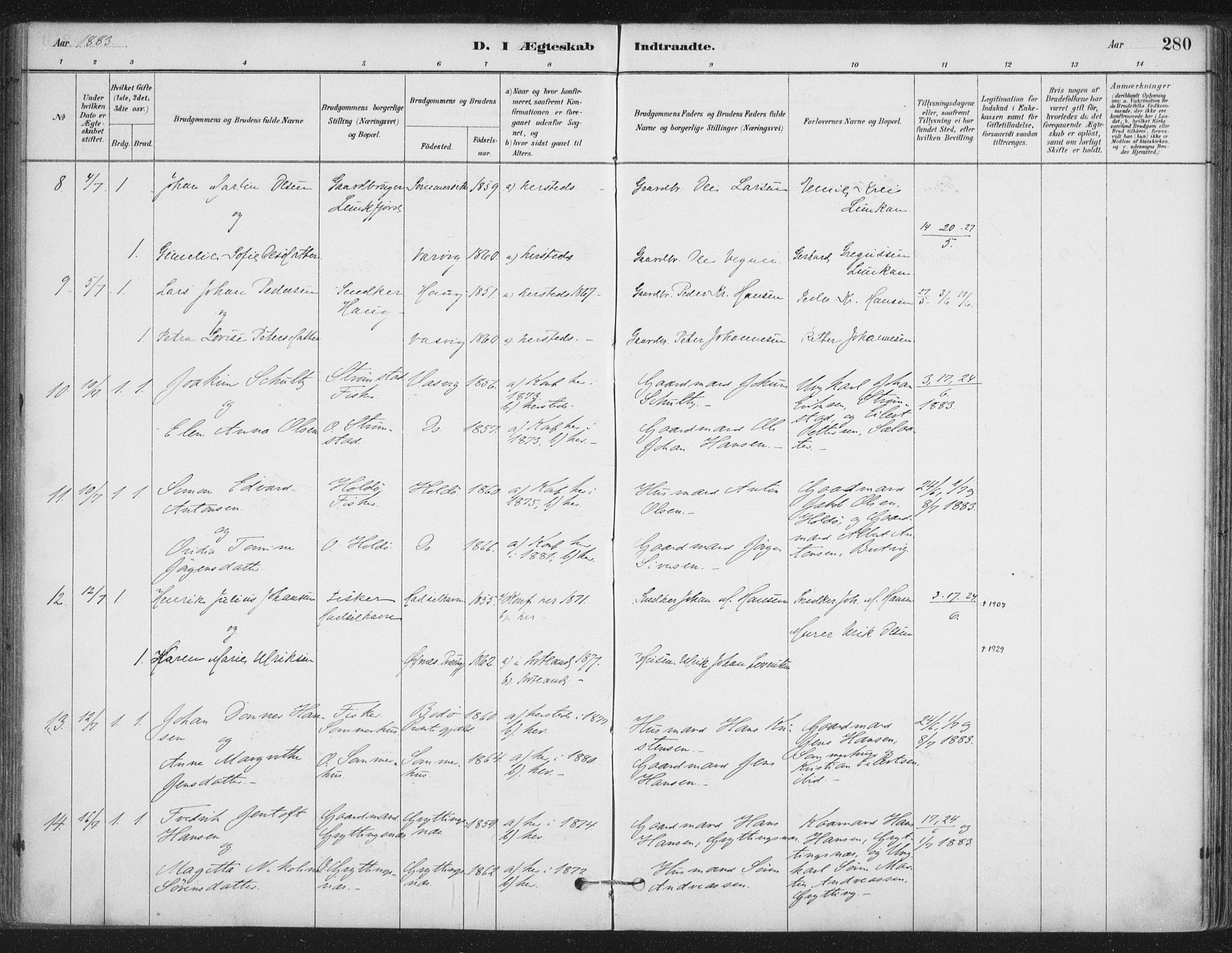 Ministerialprotokoller, klokkerbøker og fødselsregistre - Nordland, SAT/A-1459/888/L1244: Parish register (official) no. 888A10, 1880-1890, p. 280
