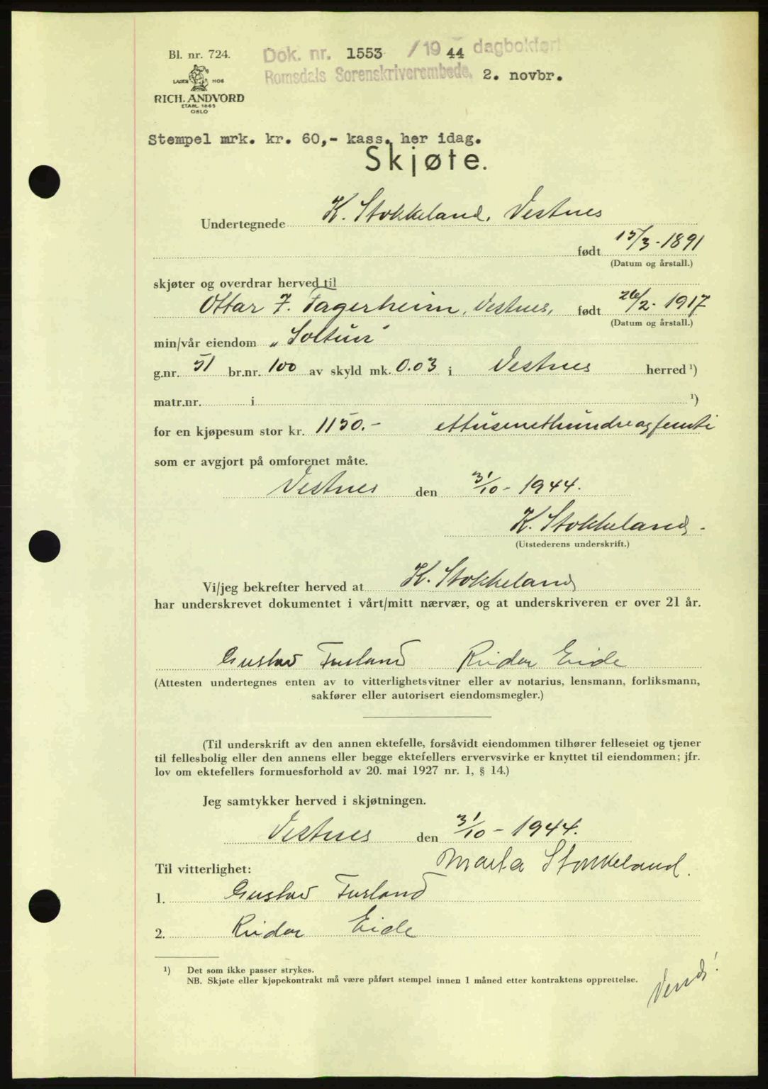 Romsdal sorenskriveri, AV/SAT-A-4149/1/2/2C: Mortgage book no. A17, 1944-1945, Diary no: : 1553/1944