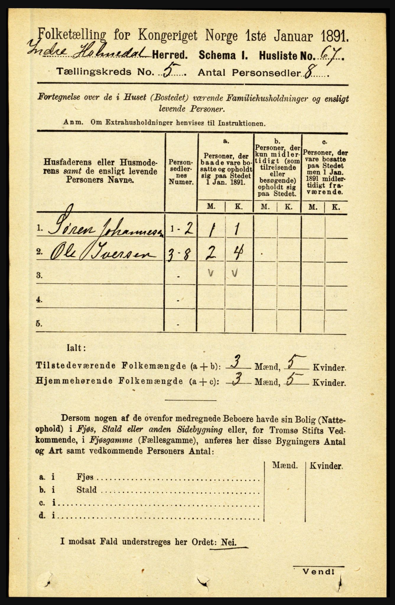 RA, 1891 census for 1430 Indre Holmedal, 1891, p. 1891