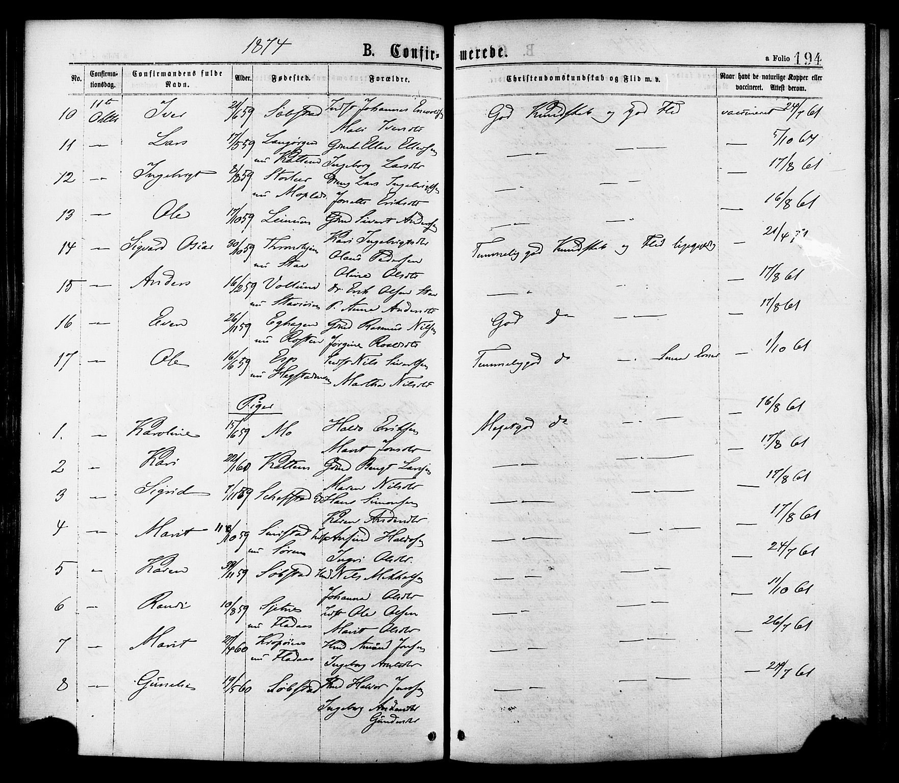 Ministerialprotokoller, klokkerbøker og fødselsregistre - Sør-Trøndelag, SAT/A-1456/691/L1079: Parish register (official) no. 691A11, 1873-1886, p. 194