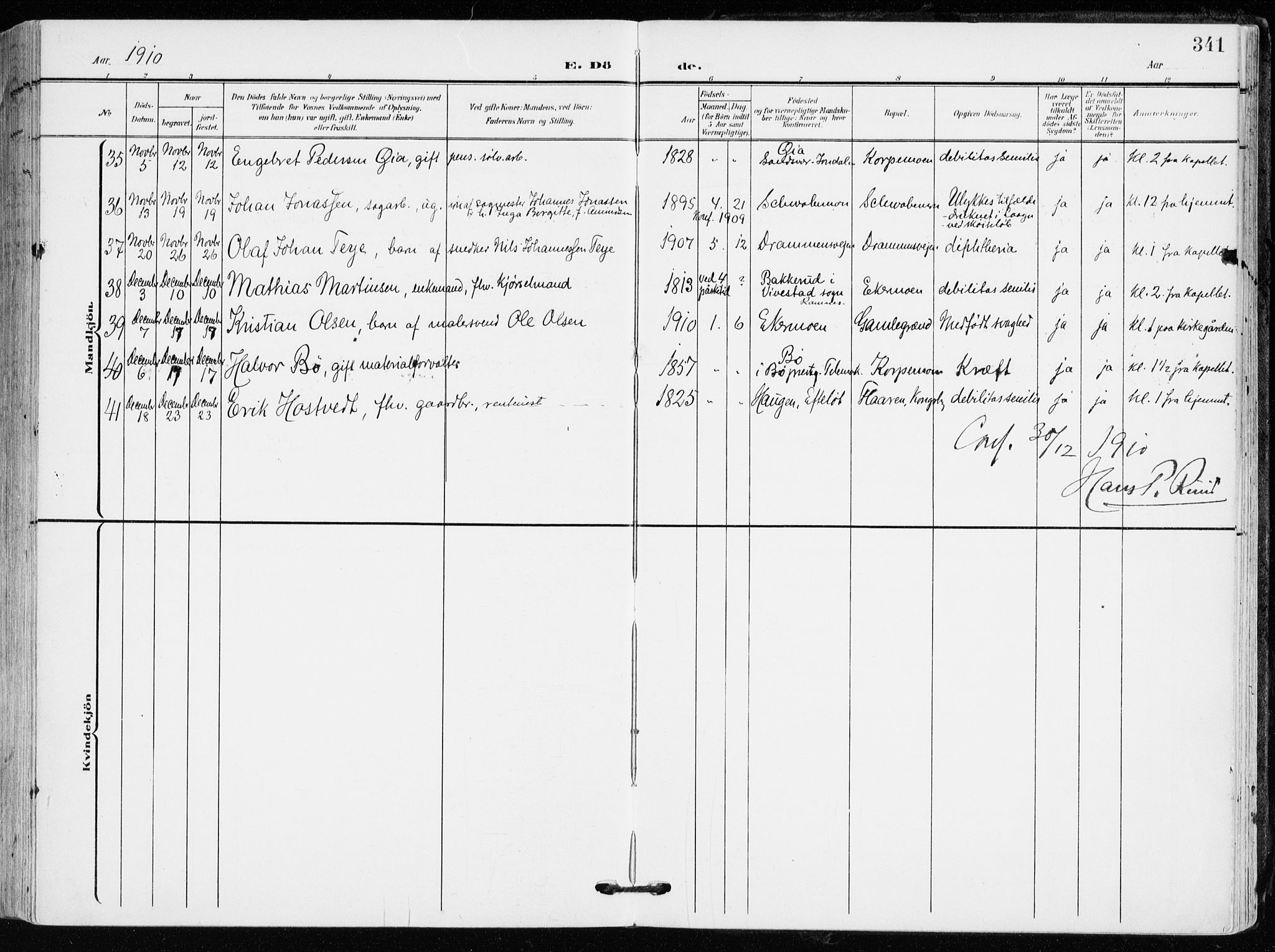 Kongsberg kirkebøker, AV/SAKO-A-22/F/Fb/L0004: Parish register (official) no. II 4, 1906-1918, p. 341