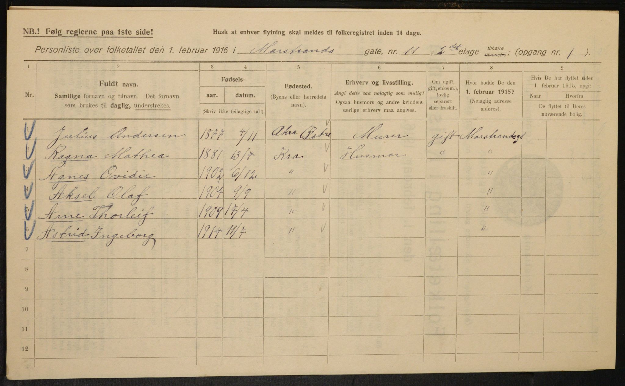 OBA, Municipal Census 1916 for Kristiania, 1916, p. 66369