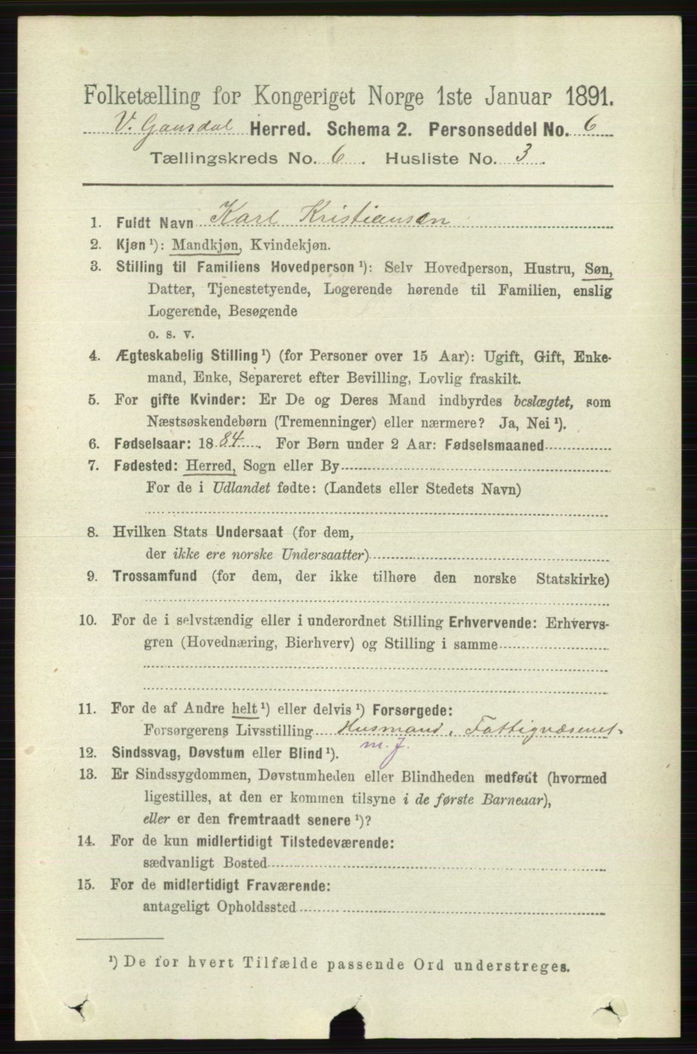 RA, 1891 census for 0523 Vestre Gausdal, 1891, p. 2576