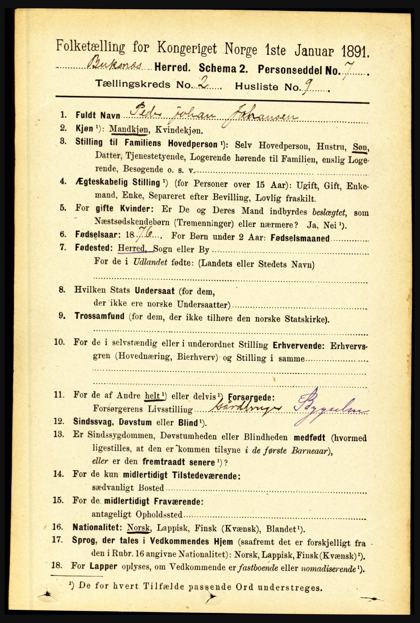 RA, 1891 census for 1860 Buksnes, 1891, p. 1671