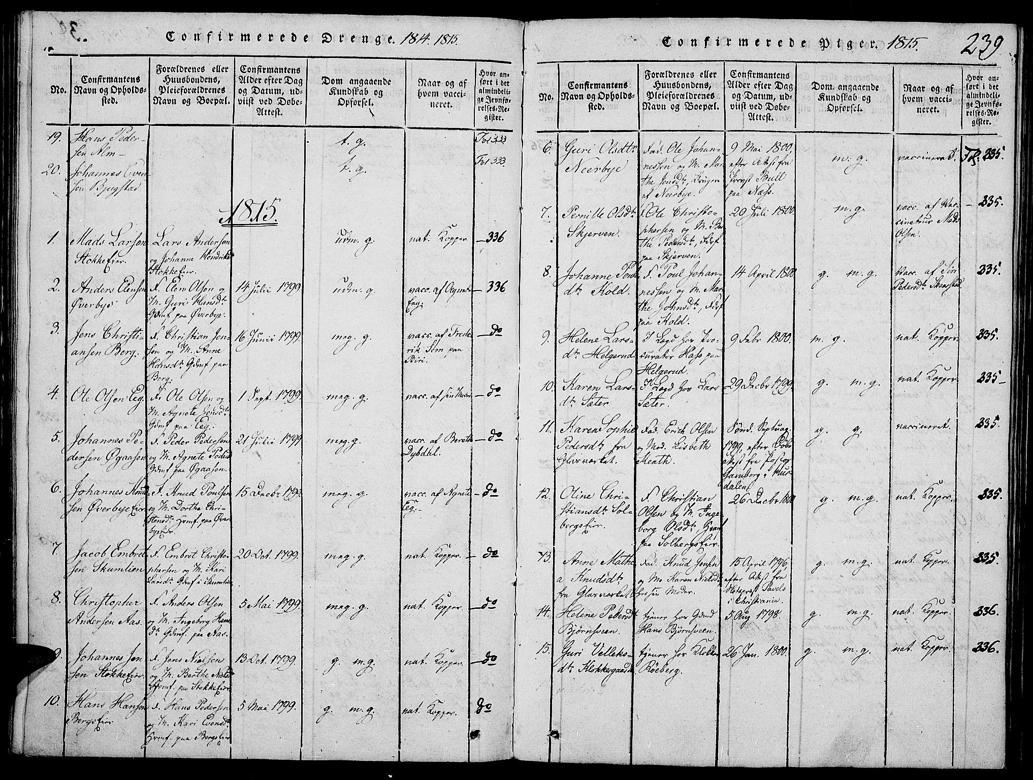 Vardal prestekontor, SAH/PREST-100/H/Ha/Haa/L0004: Parish register (official) no. 4, 1814-1831, p. 239