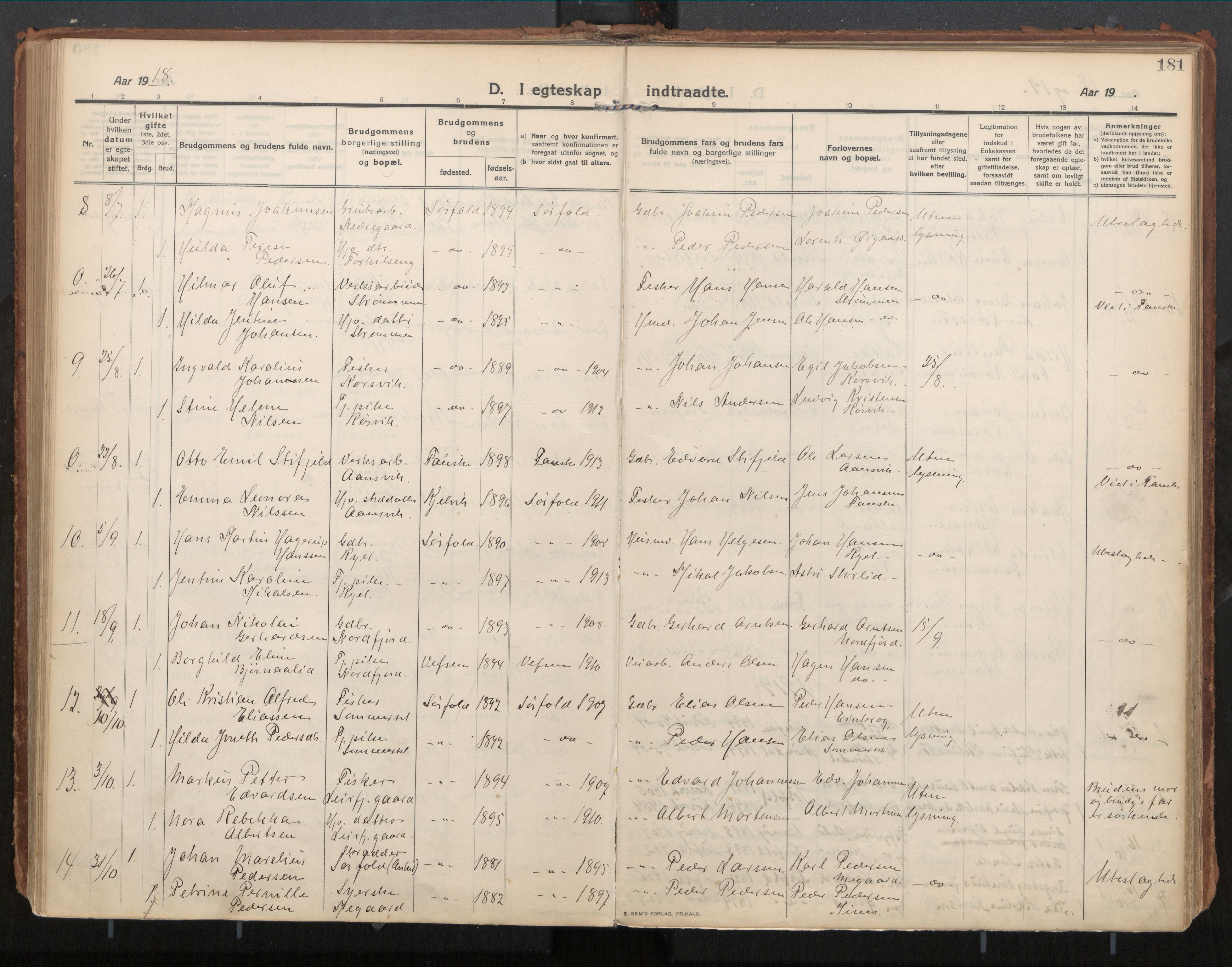 Ministerialprotokoller, klokkerbøker og fødselsregistre - Nordland, SAT/A-1459/854/L0784: Parish register (official) no. 854A07, 1910-1922, p. 181