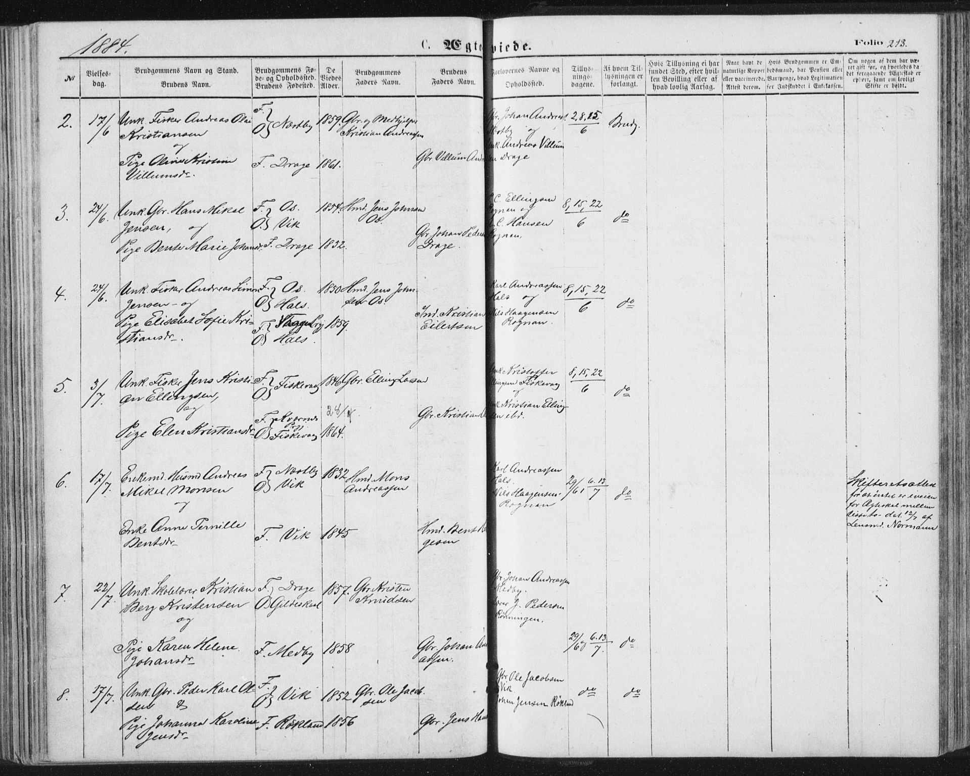 Ministerialprotokoller, klokkerbøker og fødselsregistre - Nordland, AV/SAT-A-1459/847/L0668: Parish register (official) no. 847A08, 1872-1886, p. 213