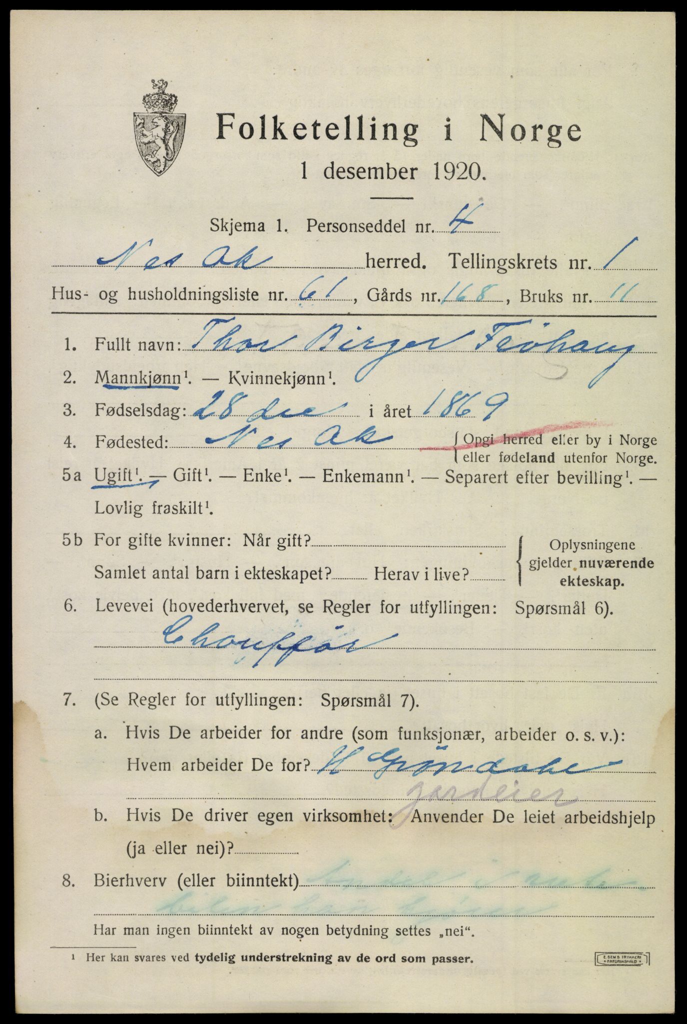 SAO, 1920 census for Nes, 1920, p. 4248