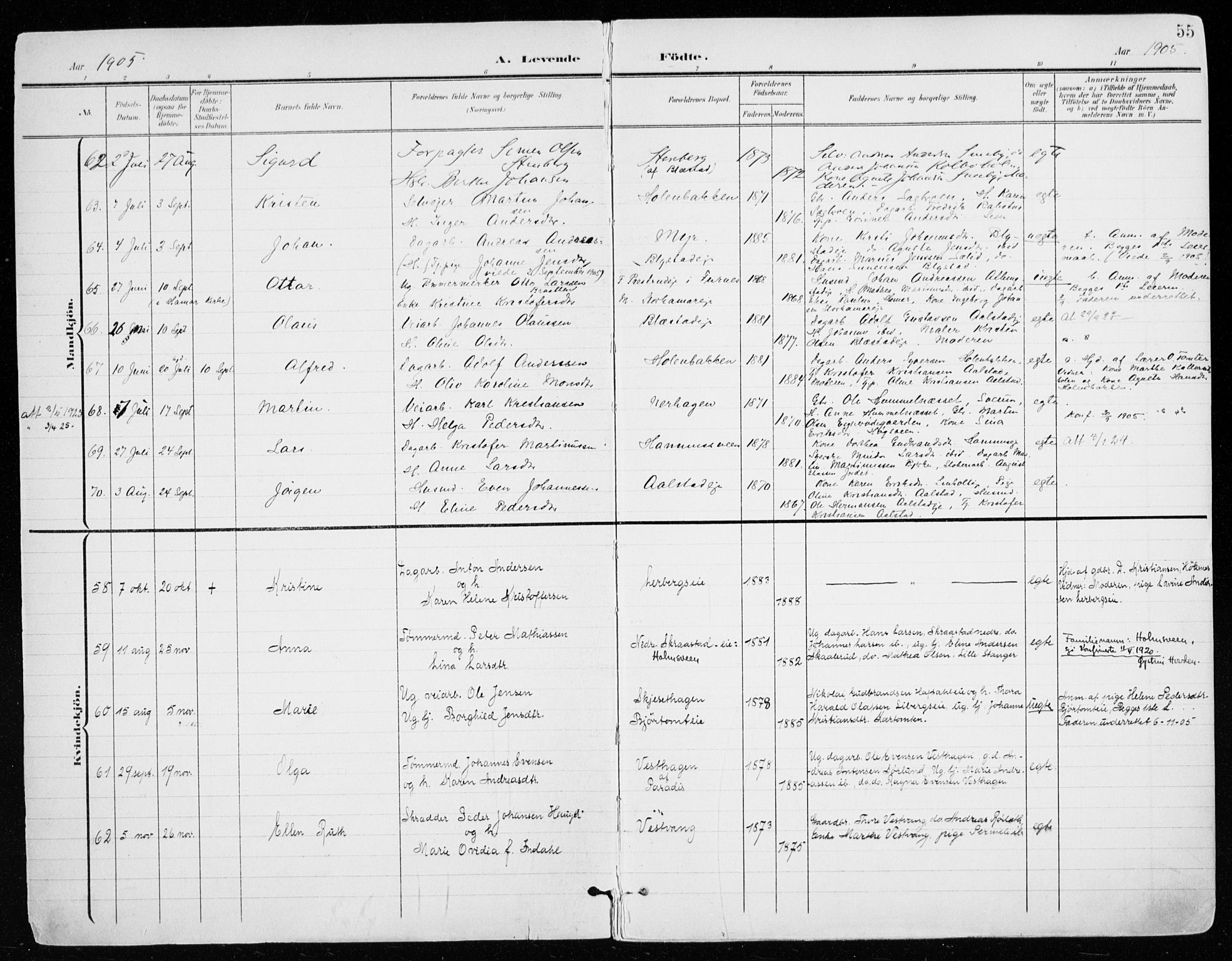 Vang prestekontor, Hedmark, AV/SAH-PREST-008/H/Ha/Haa/L0021: Parish register (official) no. 21, 1902-1917, p. 55