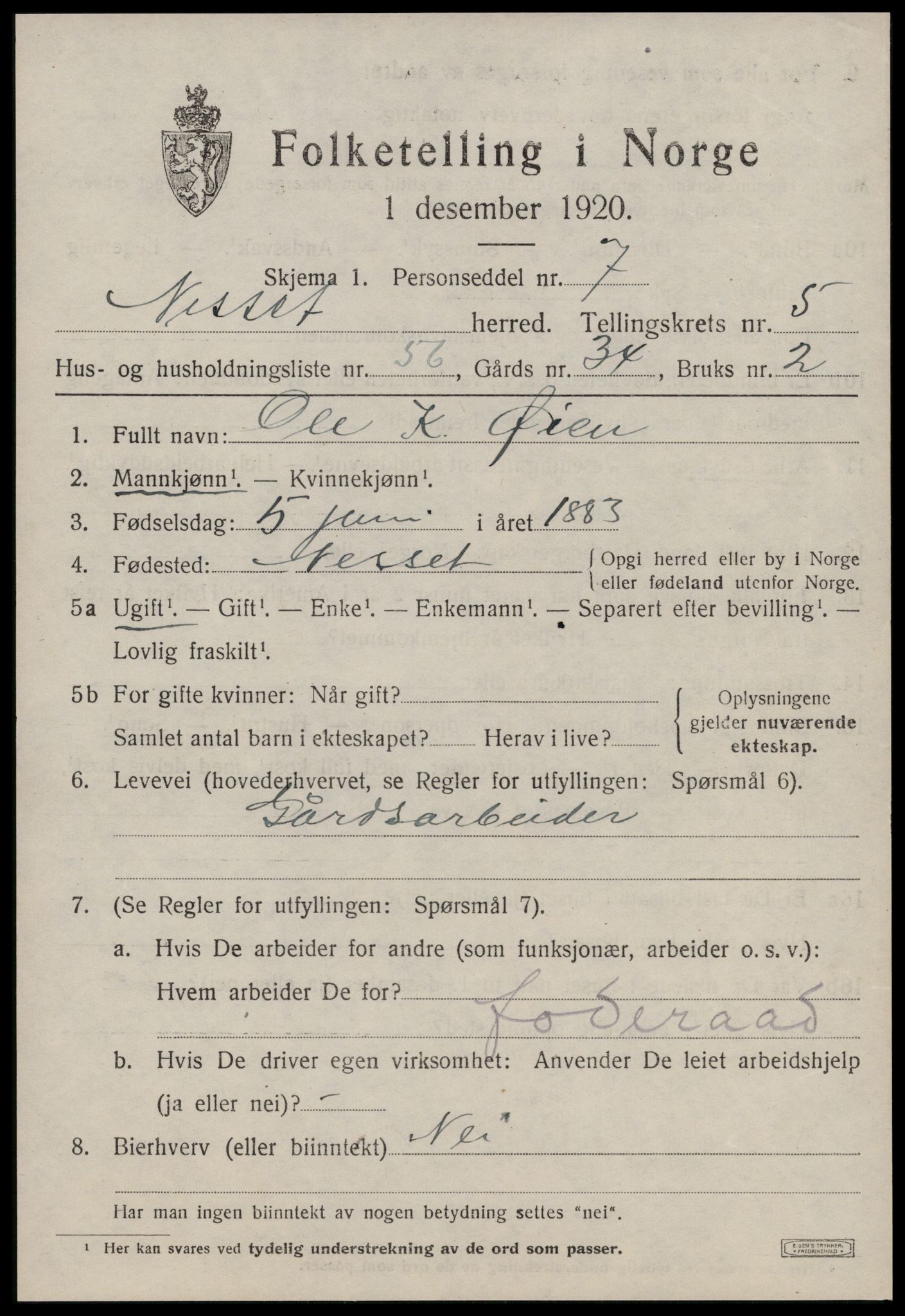 SAT, 1920 census for Nesset, 1920, p. 2792