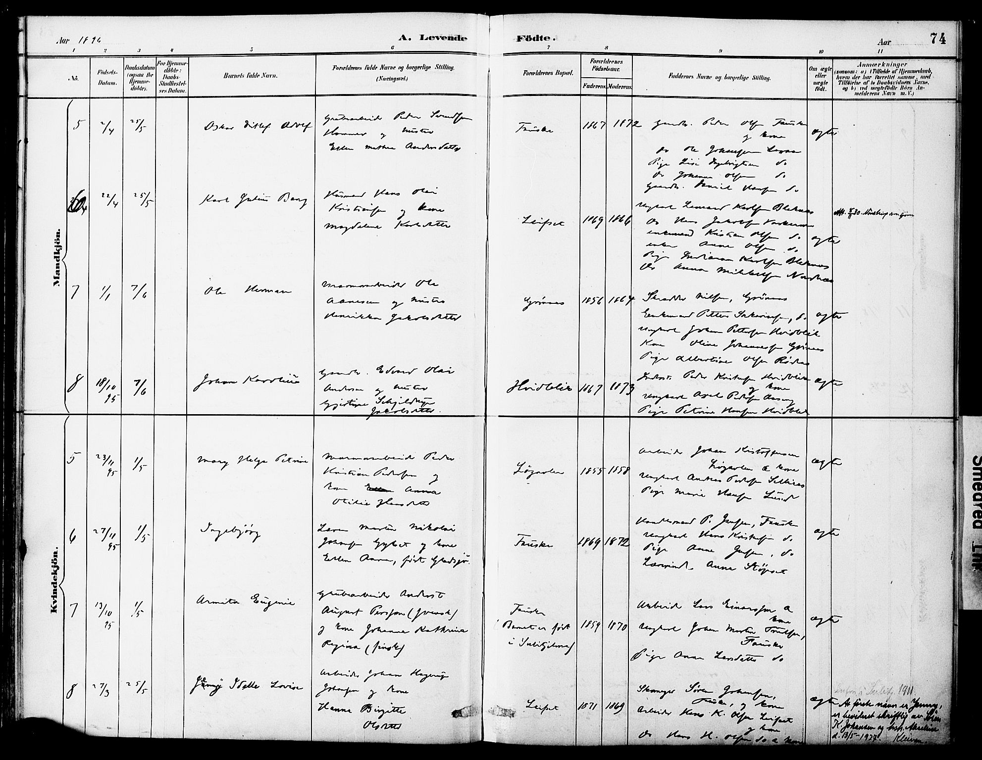 Ministerialprotokoller, klokkerbøker og fødselsregistre - Nordland, SAT/A-1459/849/L0690: Parish register (official) no. 849A02, 1890-1897, p. 74