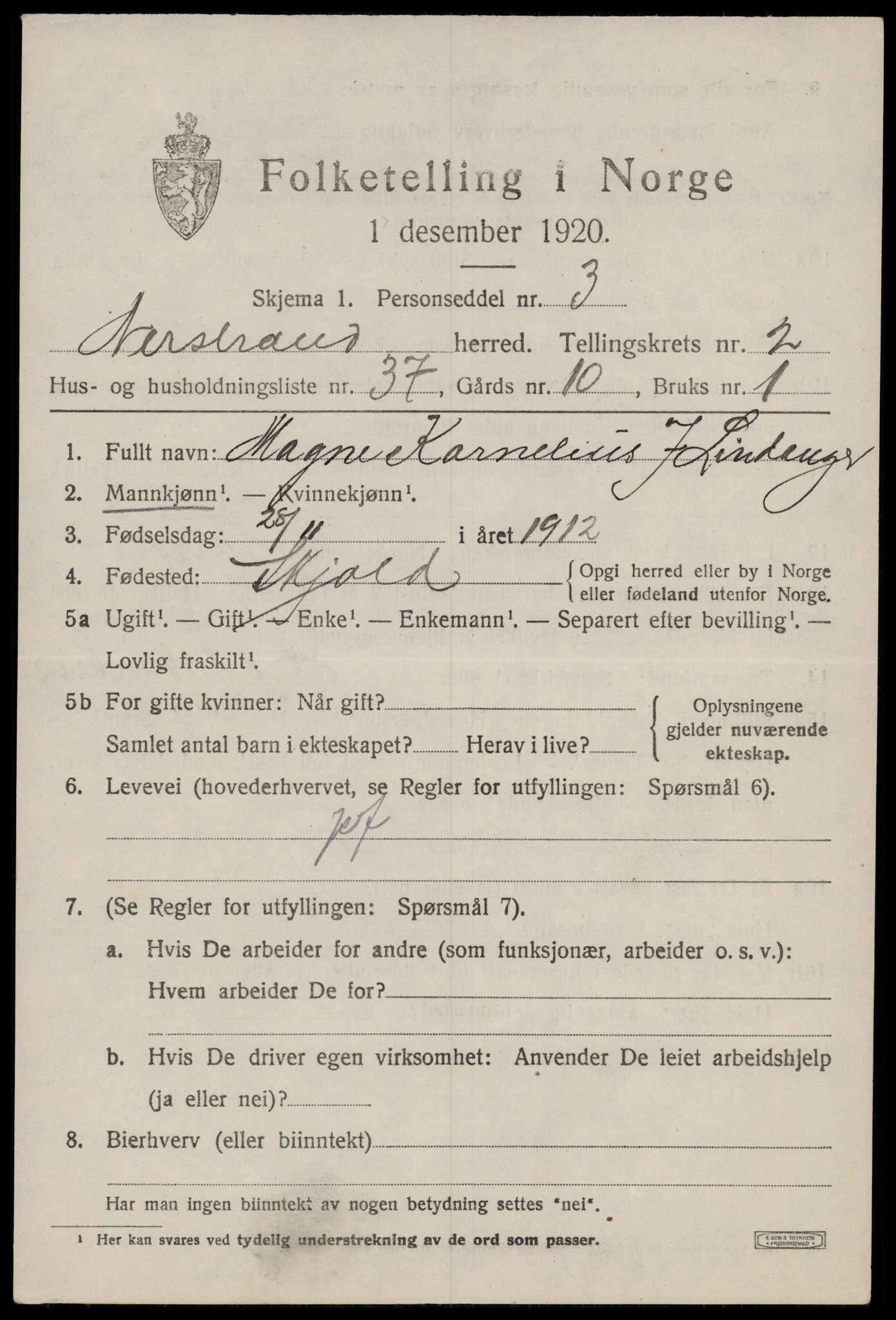 SAST, 1920 census for Nedstrand, 1920, p. 1357