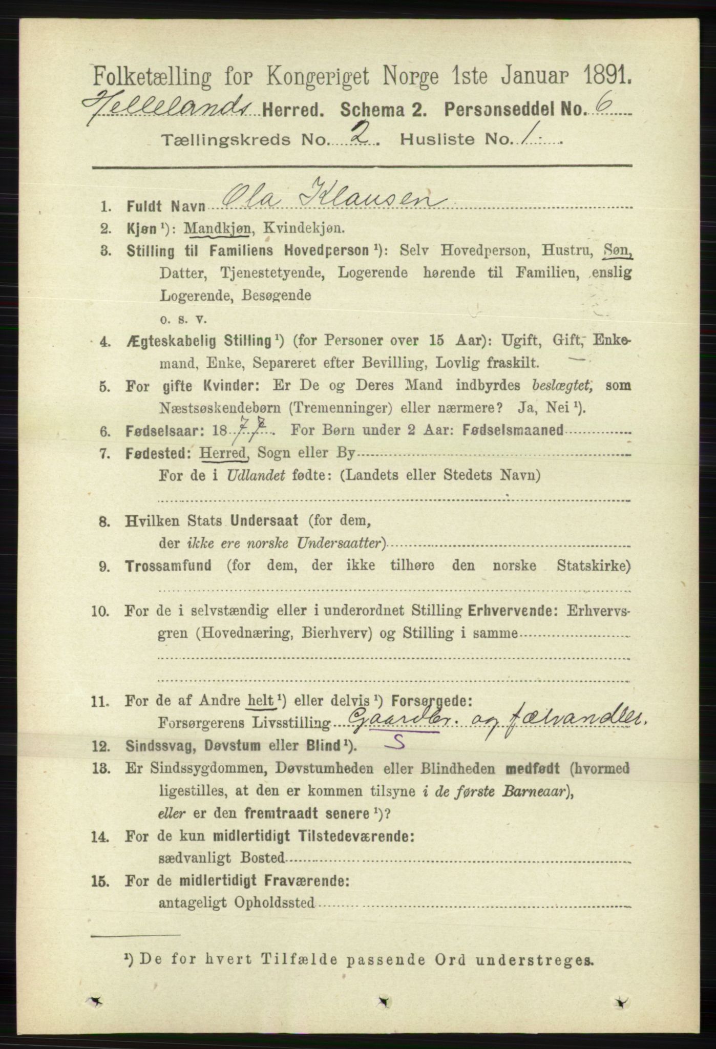 RA, 1891 census for 1115 Helleland, 1891, p. 440